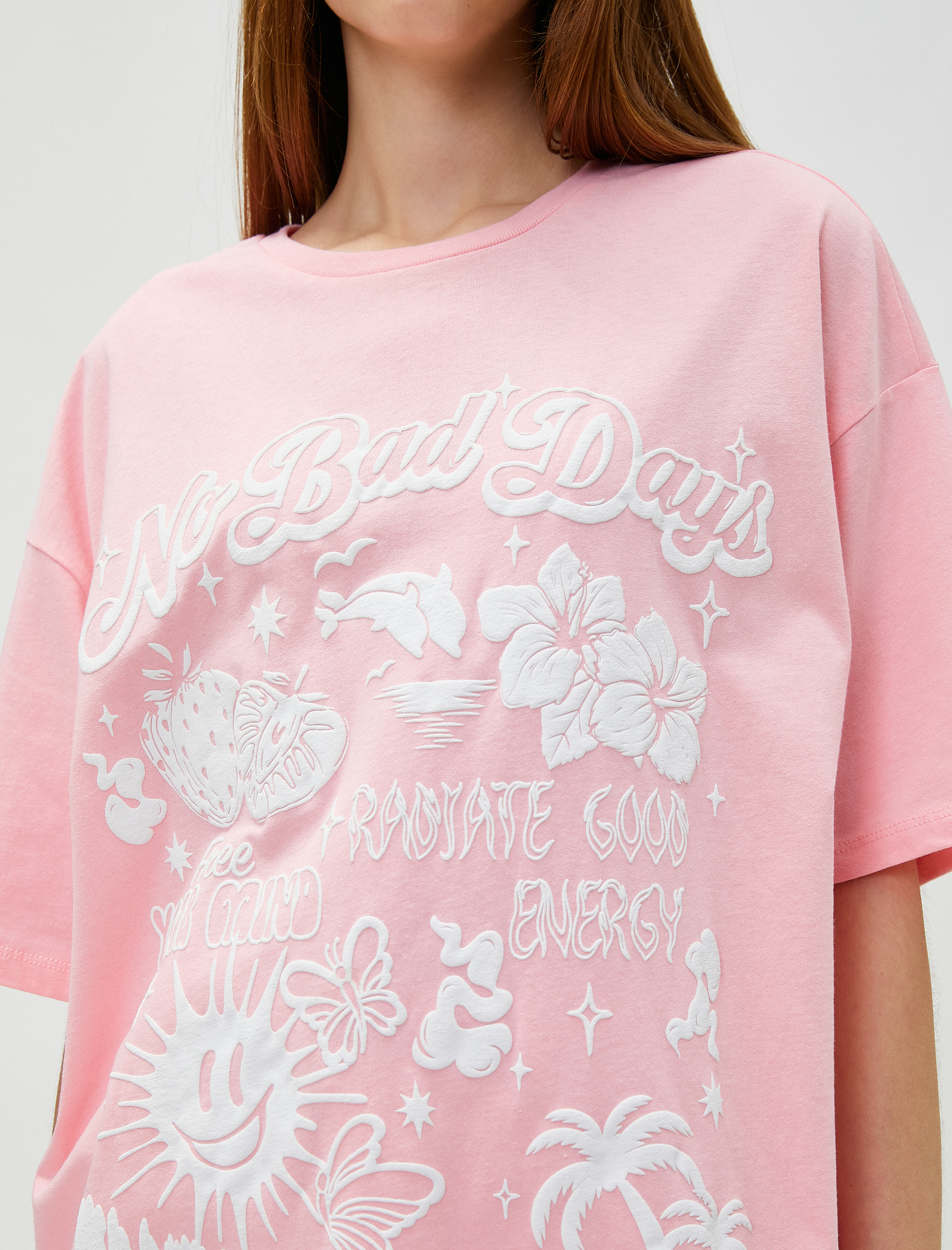   Oversize Tişört Baskılı Bisiklet Yaka Kısa Kollu