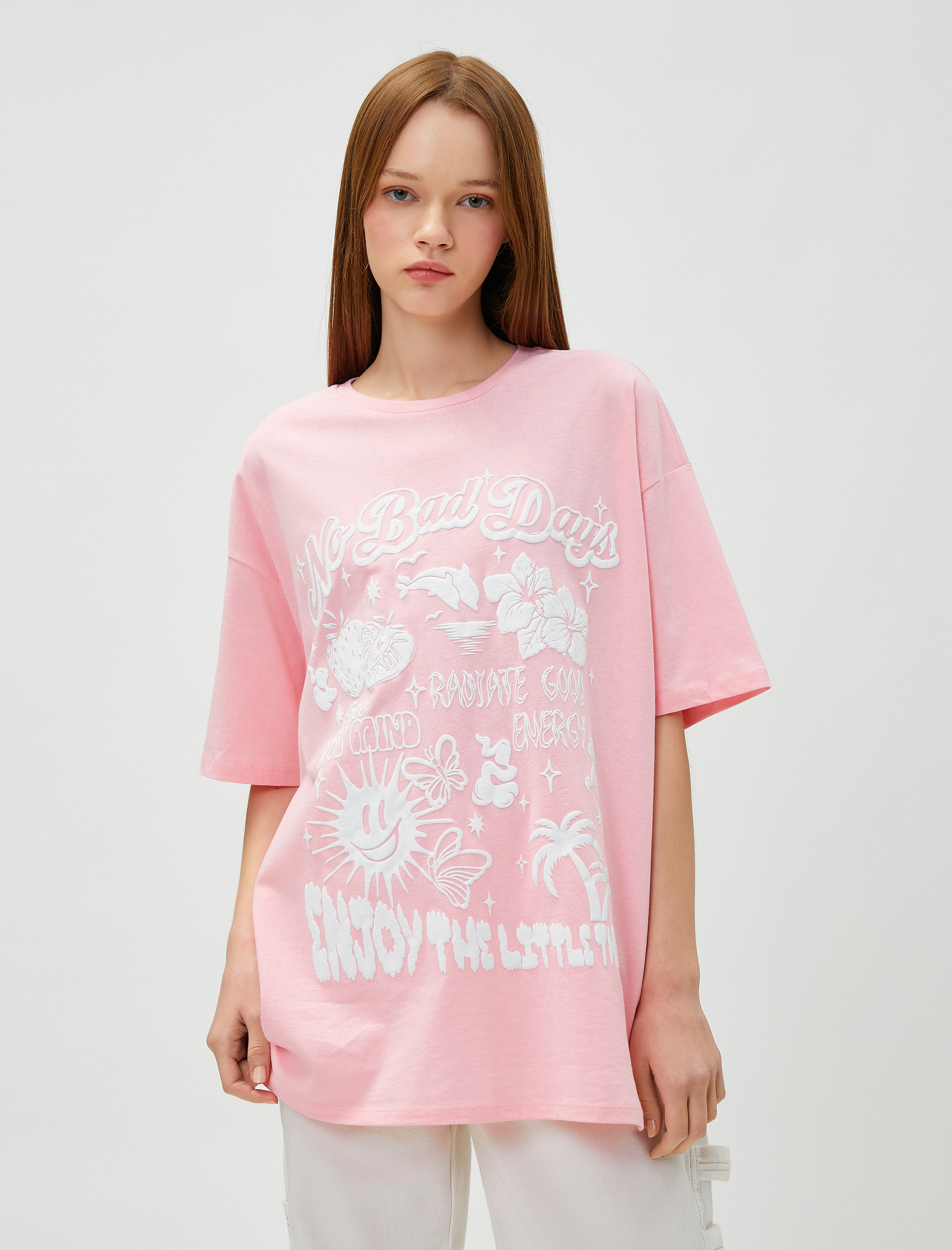   Oversize Tişört Baskılı Bisiklet Yaka Kısa Kollu