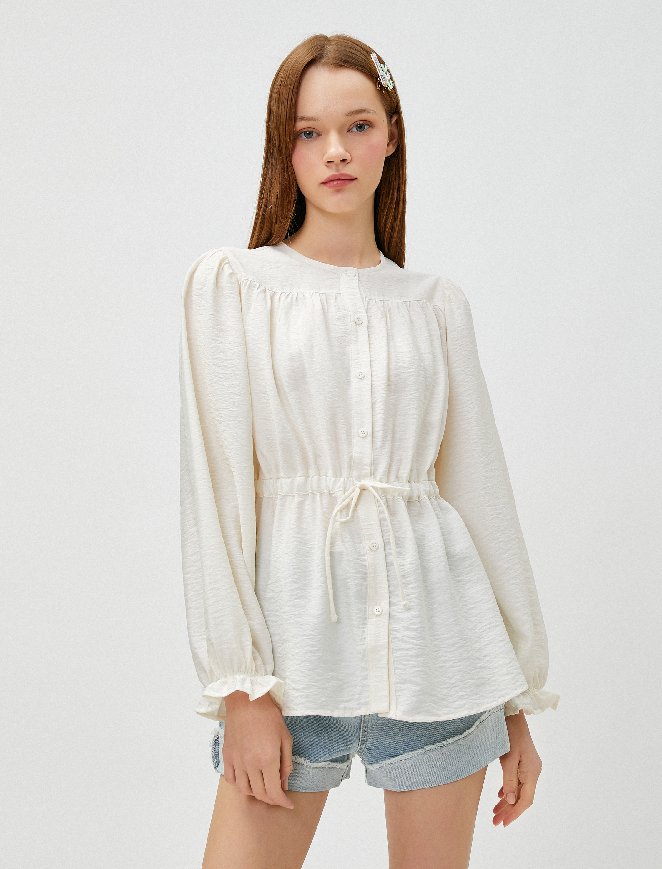   Balon Kollu Bluz Düğmeli Beli Bağlamalı Bisiklet Yaka