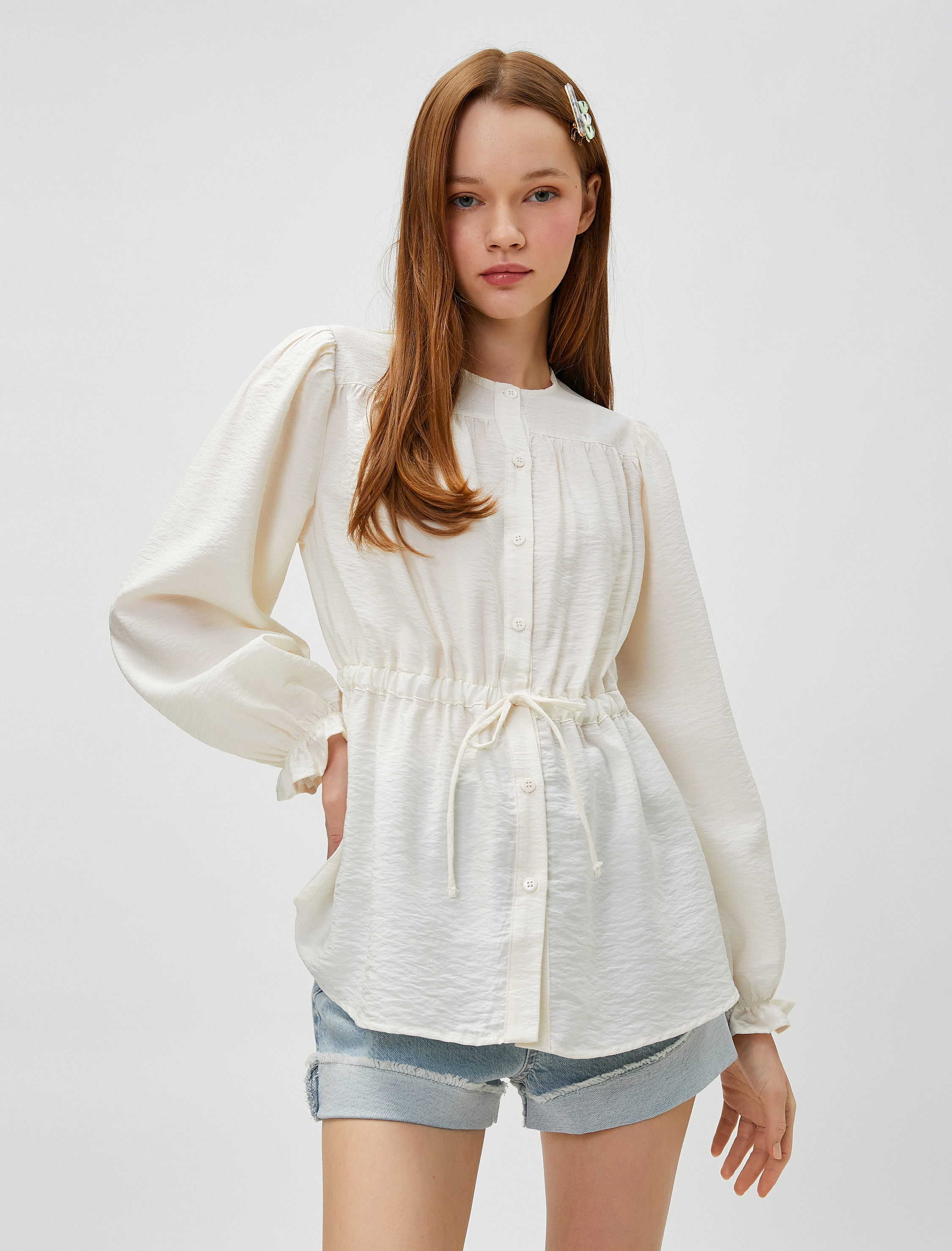   Balon Kollu Bluz Düğmeli Beli Bağlamalı Bisiklet Yaka