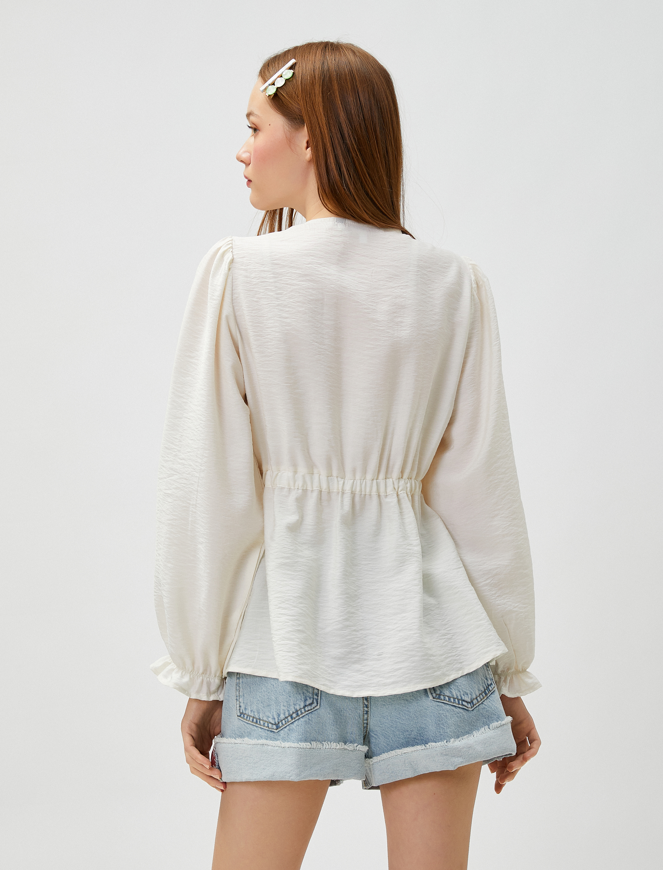   Balon Kollu Bluz Düğmeli Beli Bağlamalı Bisiklet Yaka