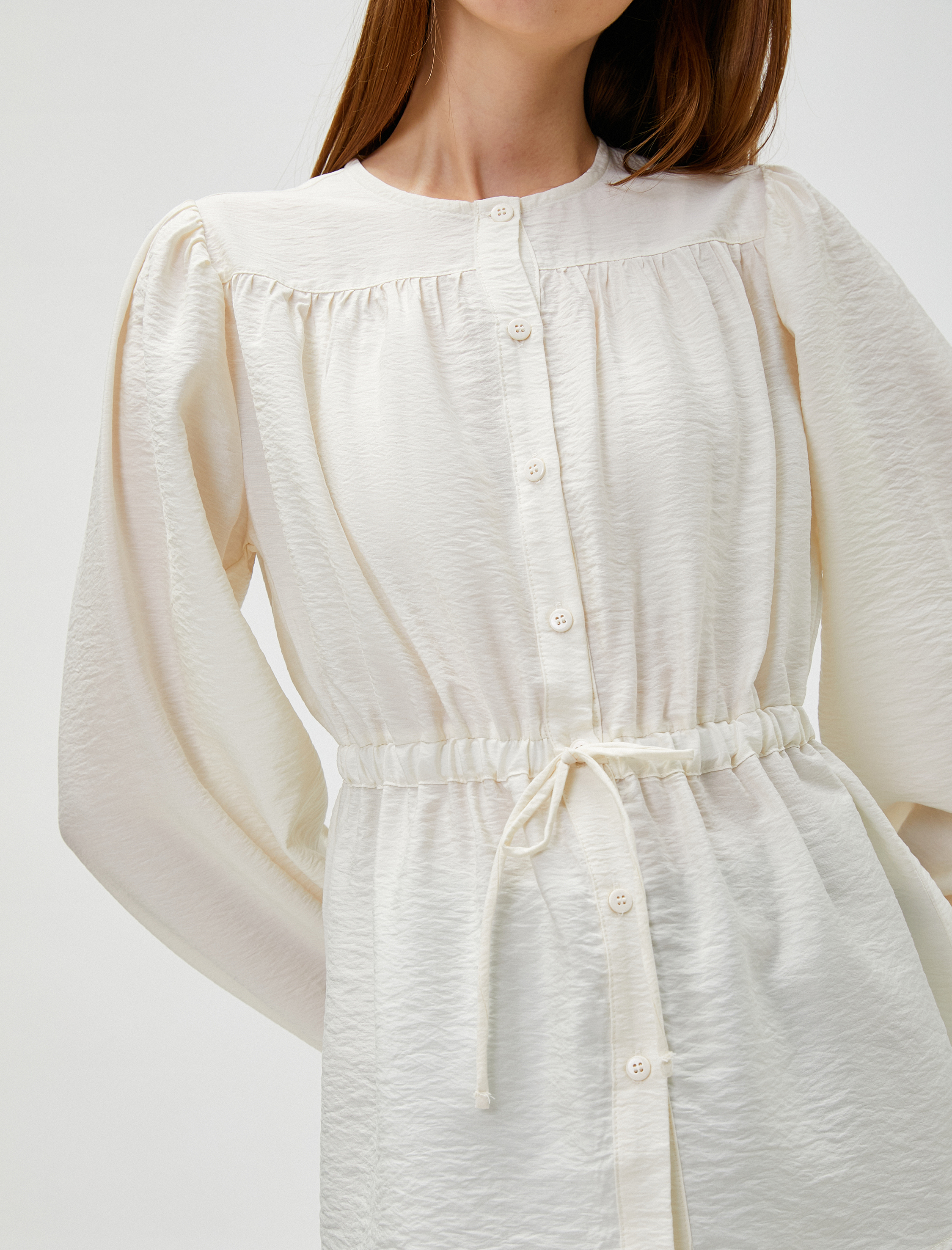   Balon Kollu Bluz Düğmeli Beli Bağlamalı Bisiklet Yaka