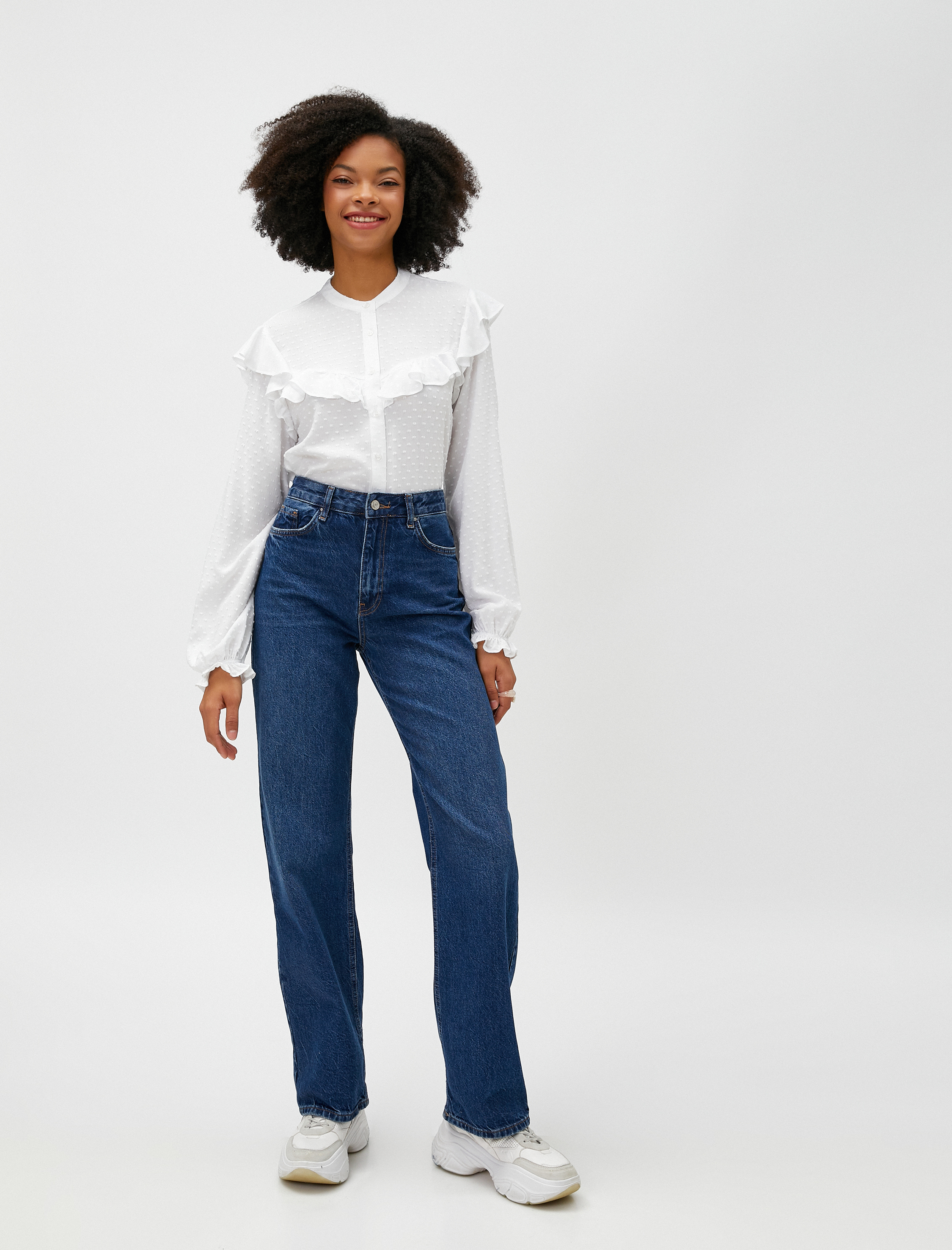   Balon Kollu Bluz Viskon Bisiklet Yaka Fırfırlı Düğmeli