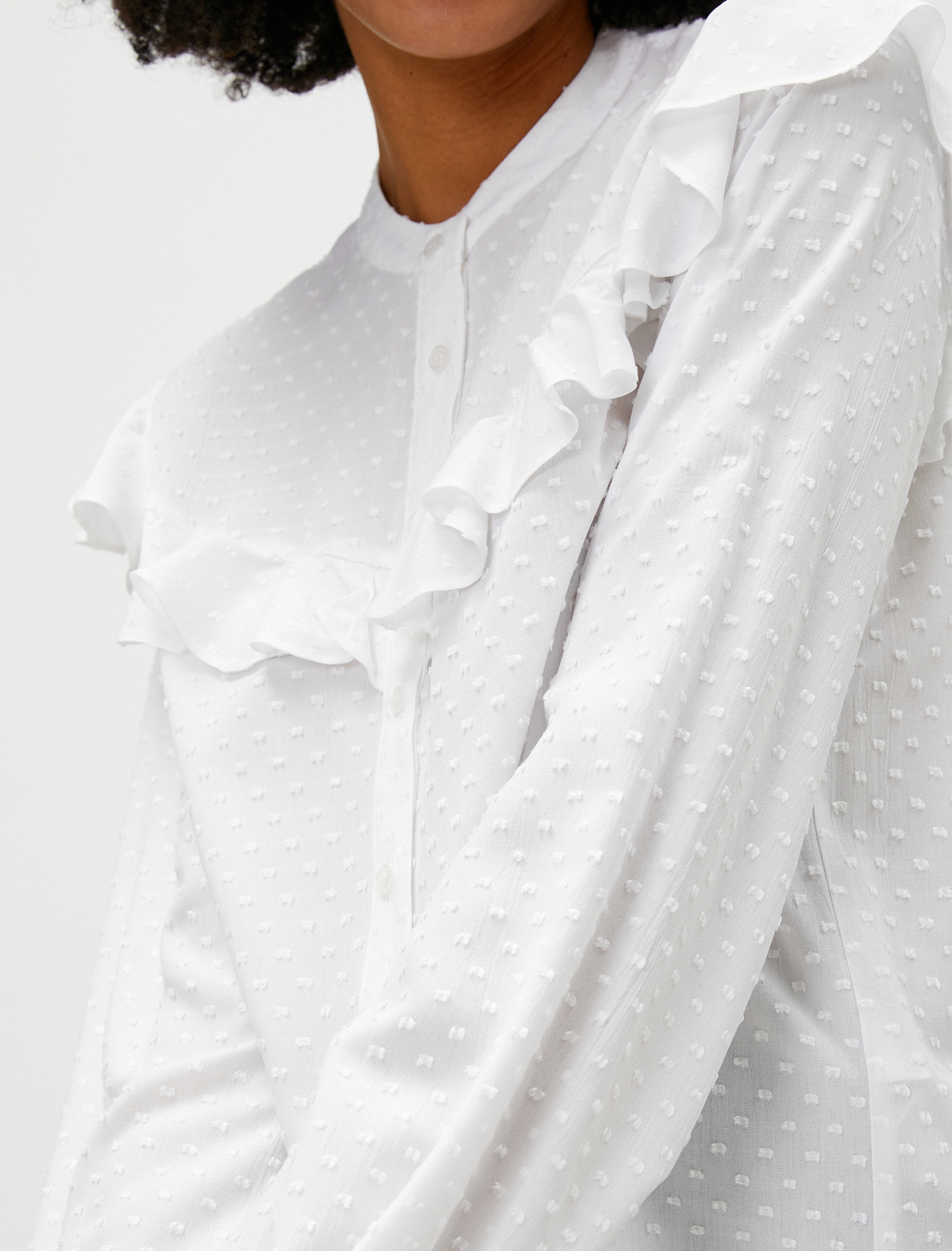   Balon Kollu Bluz Viskon Bisiklet Yaka Fırfırlı Düğmeli