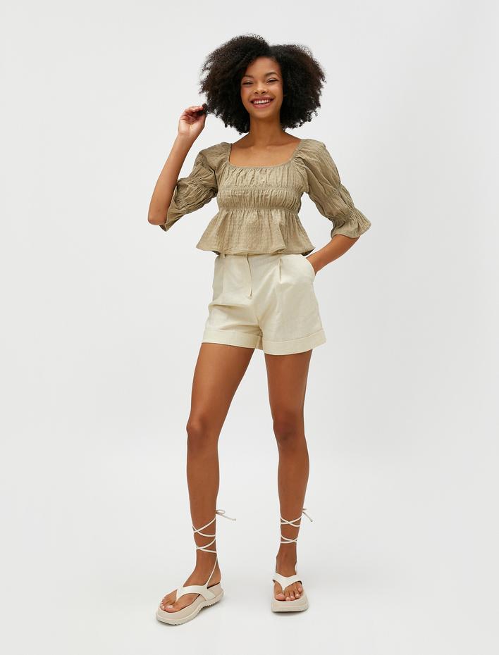  Crop Bluz Büzgülü Kare Yaka Pamuklu