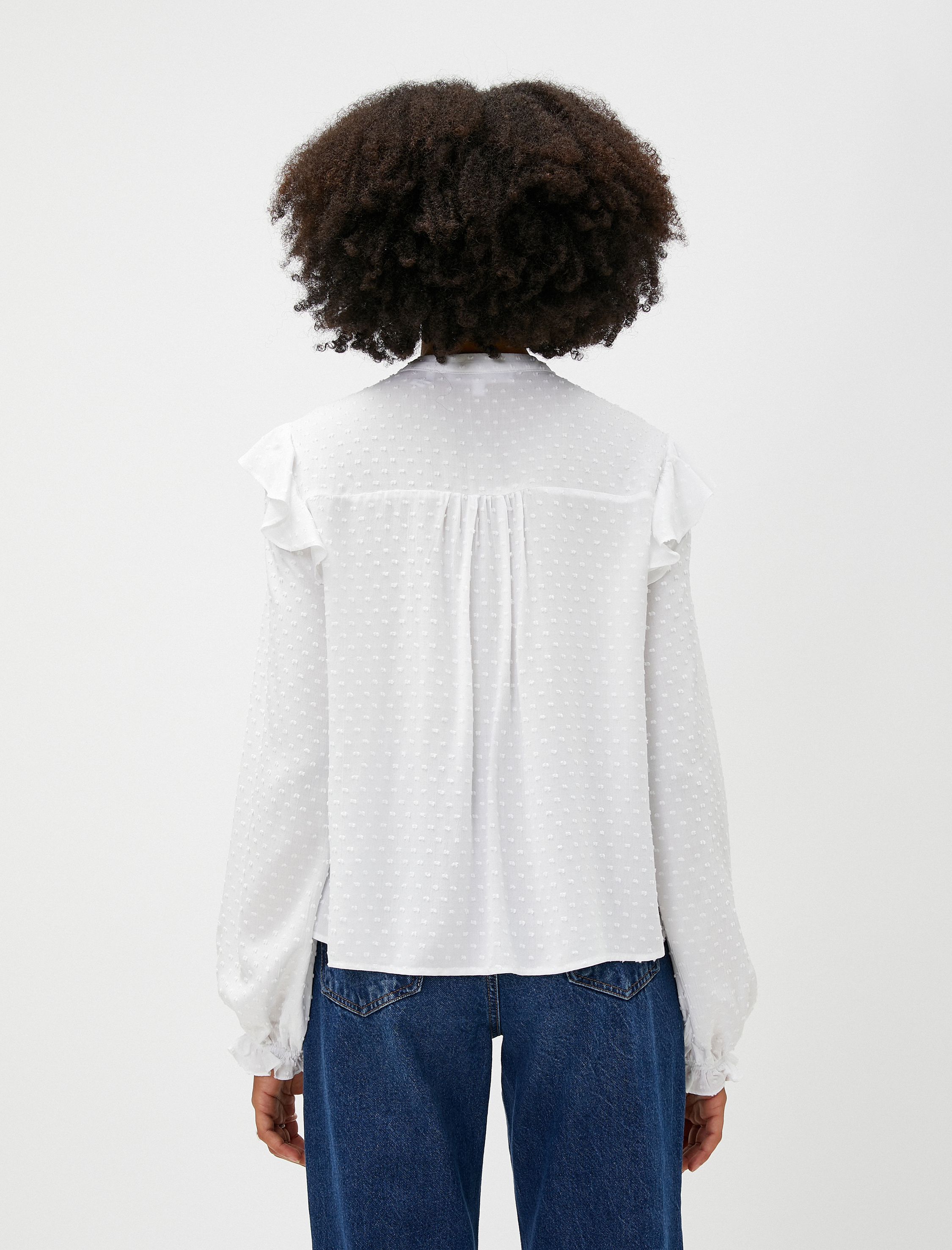   Balon Kollu Bluz Viskon Bisiklet Yaka Fırfırlı Düğmeli