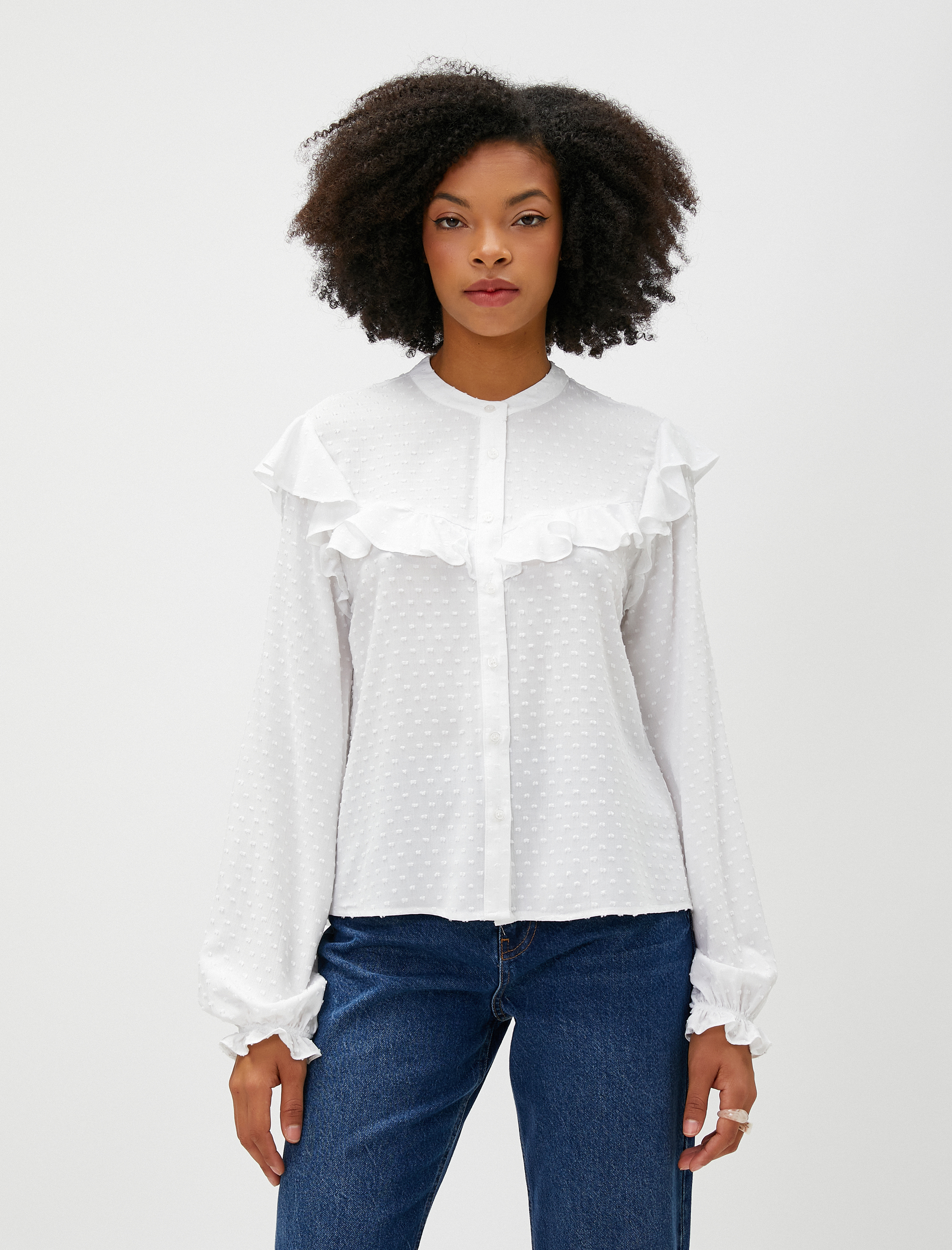   Balon Kollu Bluz Viskon Bisiklet Yaka Fırfırlı Düğmeli