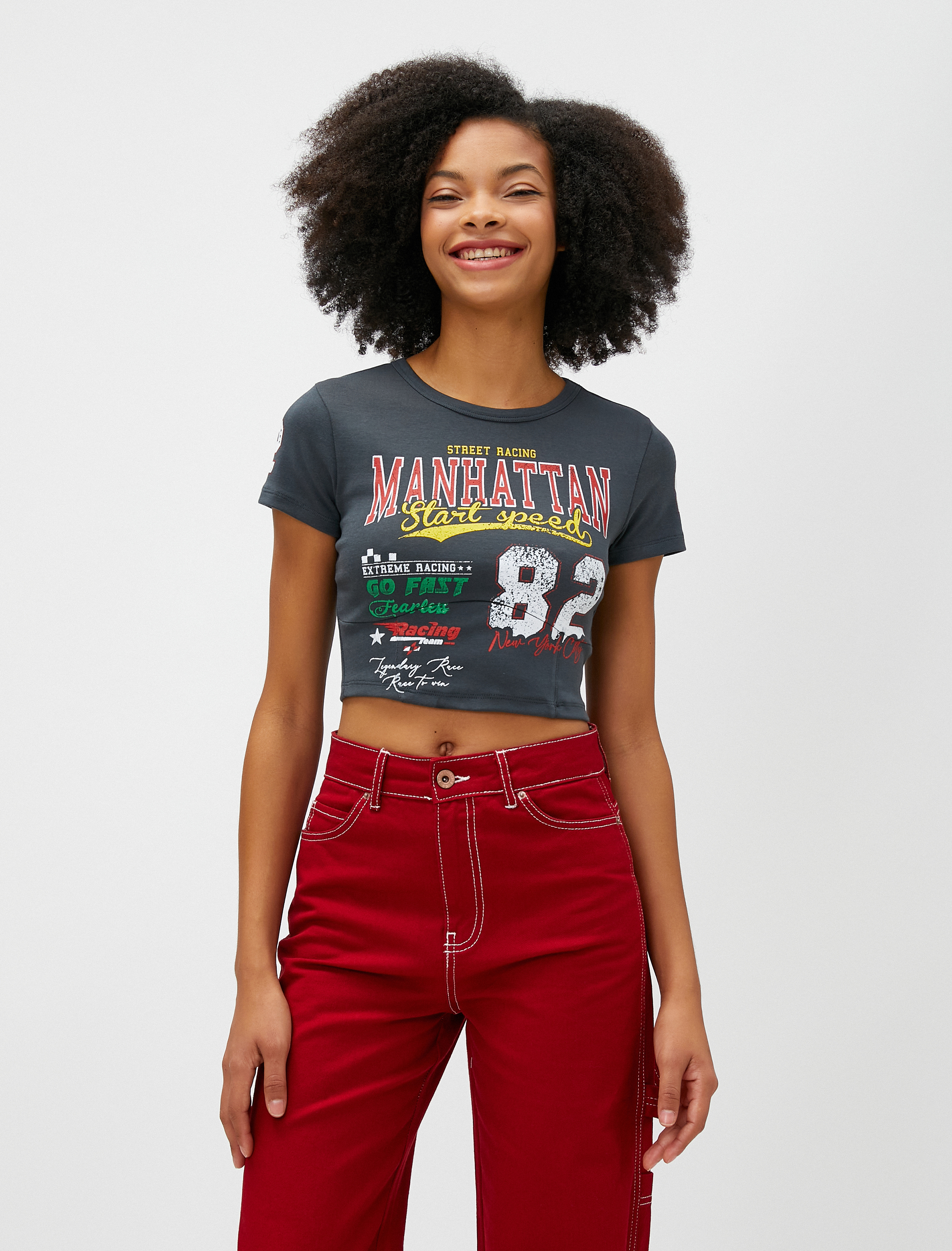   Crop Tişört Baskılı Kısa Kollu Bisiklet Yaka Pamuklu