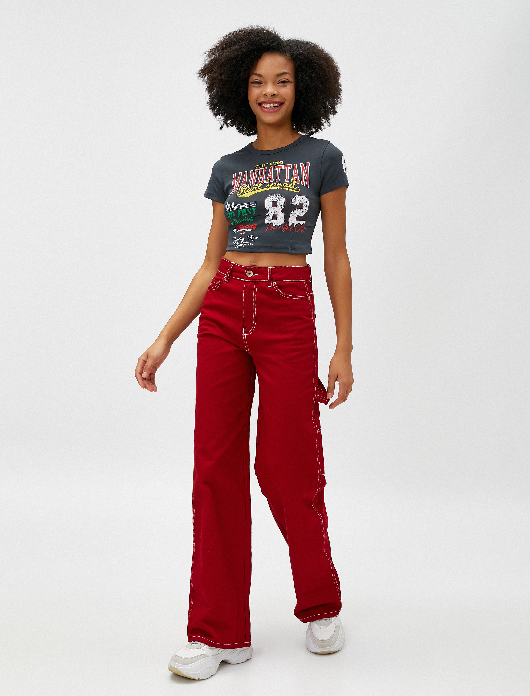   Crop Tişört Baskılı Kısa Kollu Bisiklet Yaka Pamuklu