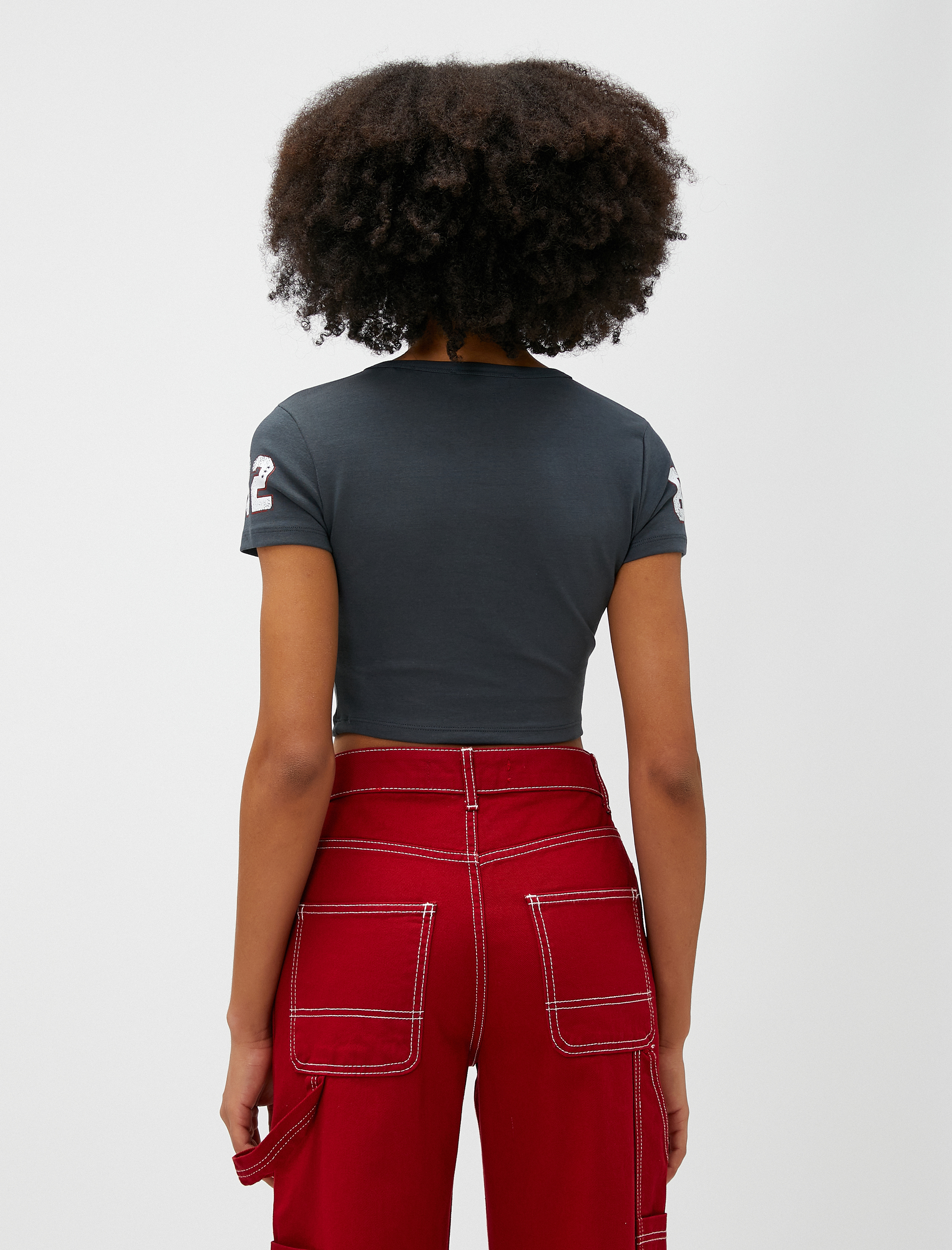   Crop Tişört Baskılı Kısa Kollu Bisiklet Yaka Pamuklu