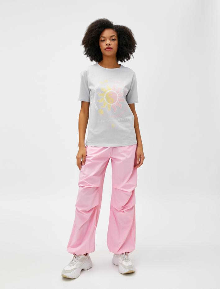  Baskılı Tişört Pamuklu Kısa Kollu Bisiklet Yaka