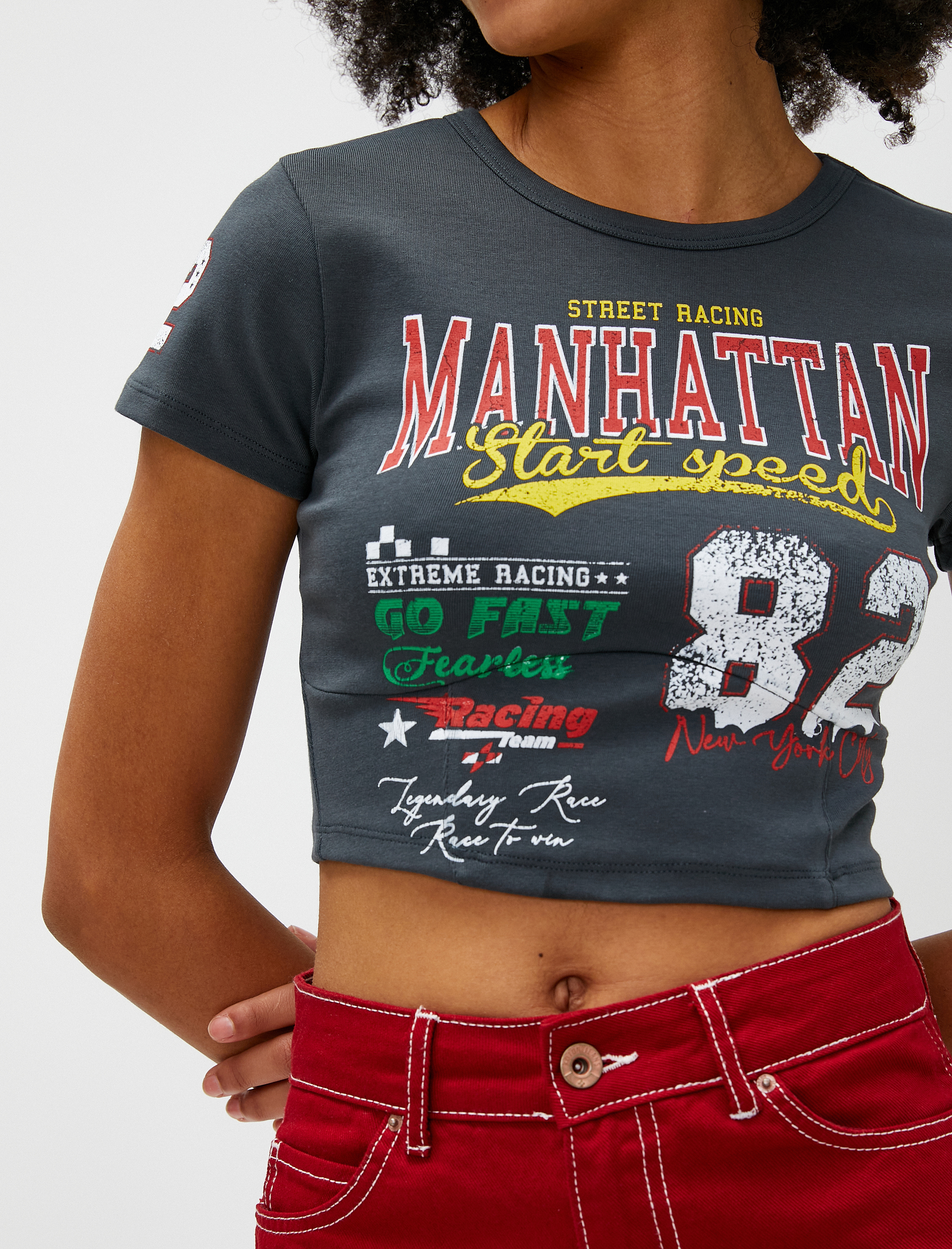   Crop Tişört Baskılı Kısa Kollu Bisiklet Yaka Pamuklu