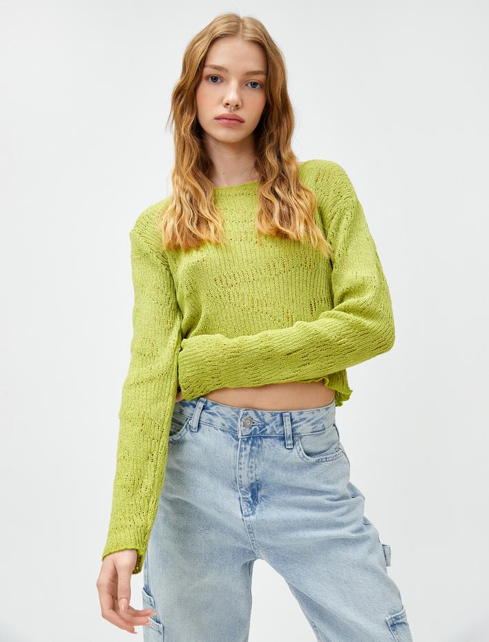  Uzun Kollu Tişört File Crop Bisiklet Yaka Ajurlu