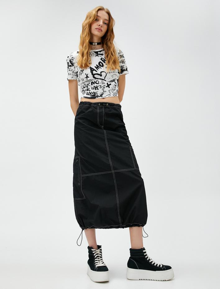  Paraşüt Etek Midi Cepli Dikiş Detaylı Fermuarlı Stoperli