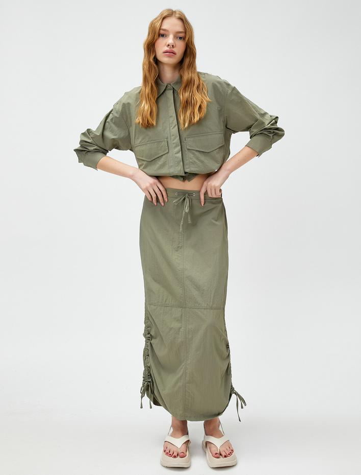  Crop Gömlek Uzun Kollu Cep Detaylı Beli Lastikli Düğmeli