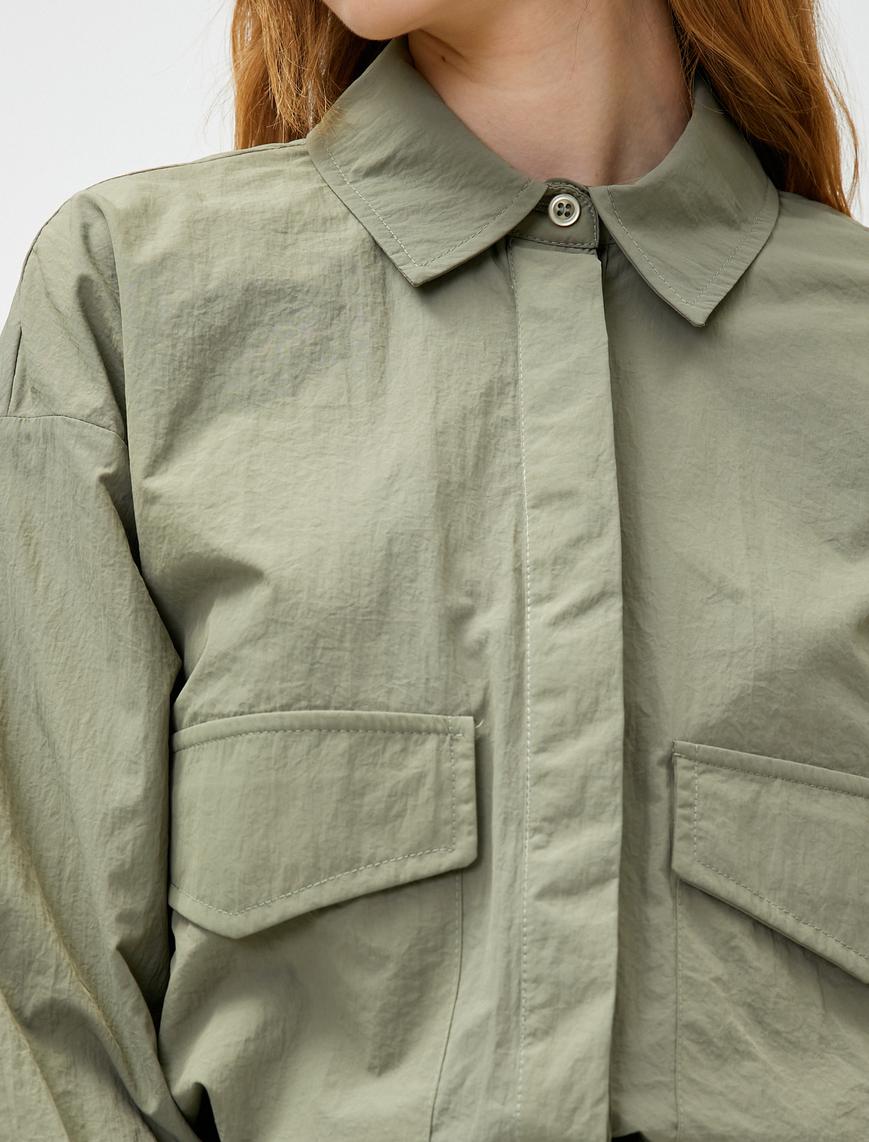   Crop Gömlek Uzun Kollu Cep Detaylı Beli Lastikli Düğmeli
