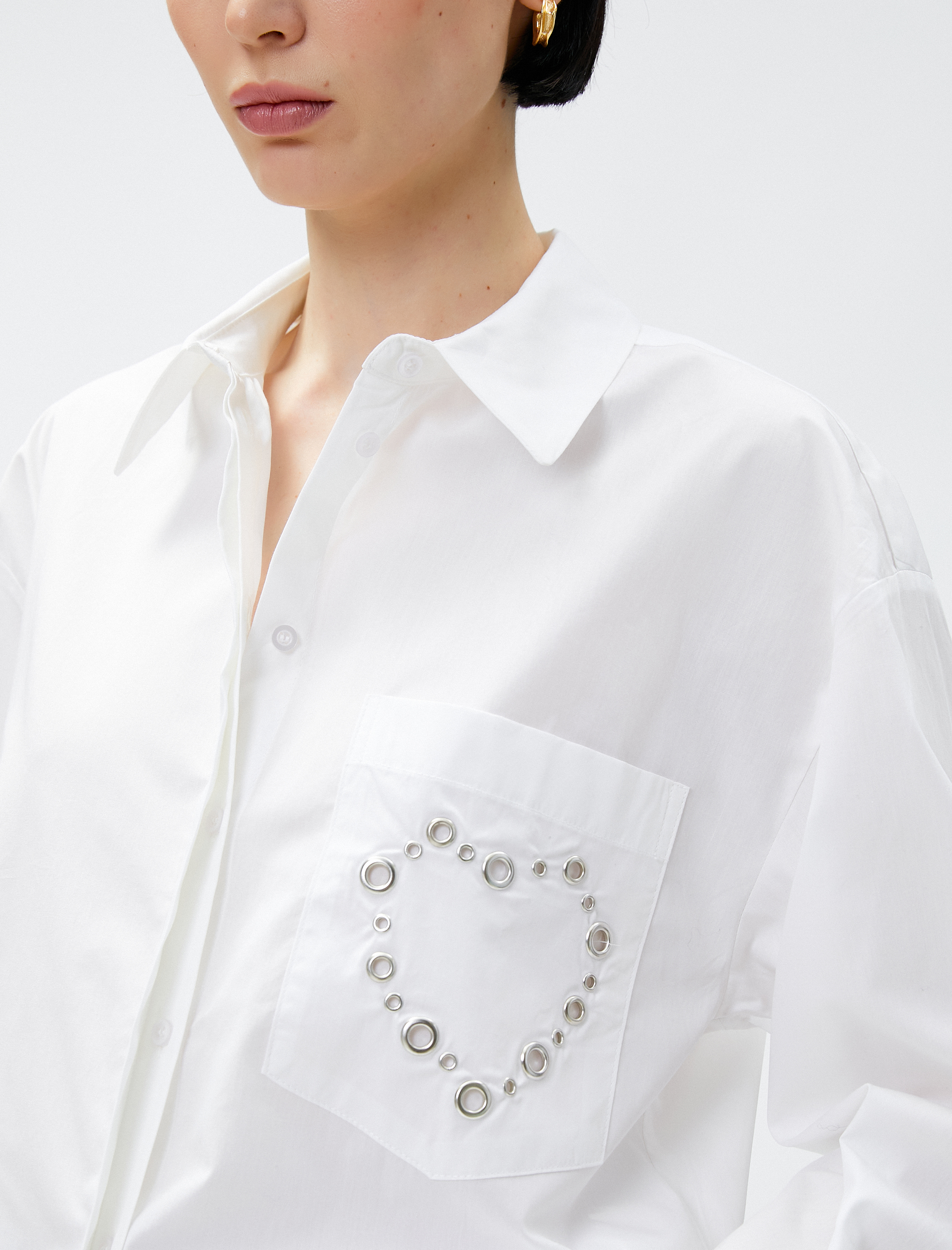   Crop Gömlek Zımba Detaylı Cepli Pamuklu