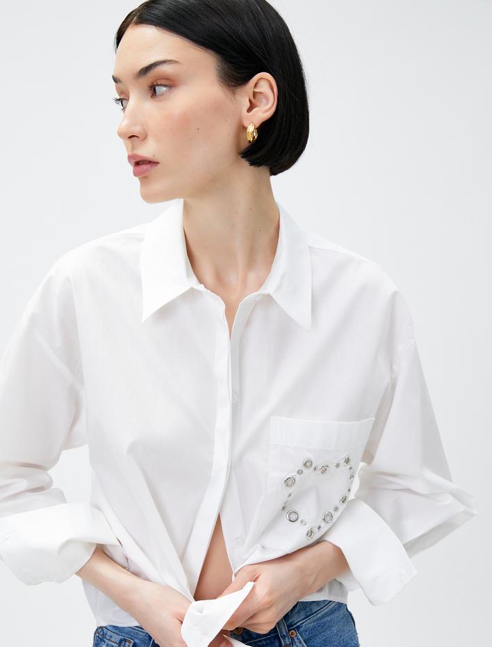  Crop Gömlek Zımba Detaylı Cepli Pamuklu