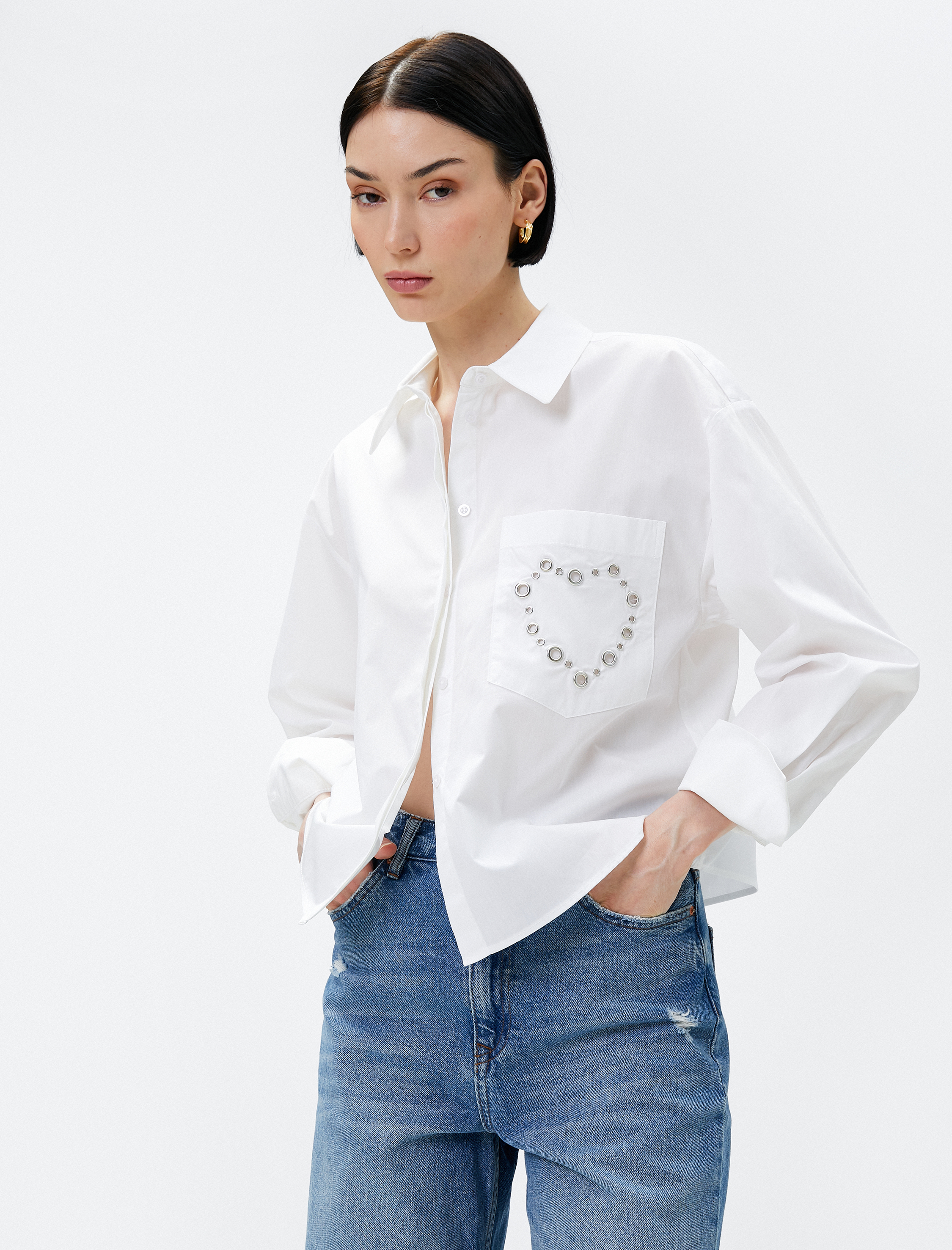   Crop Gömlek Zımba Detaylı Cepli Pamuklu