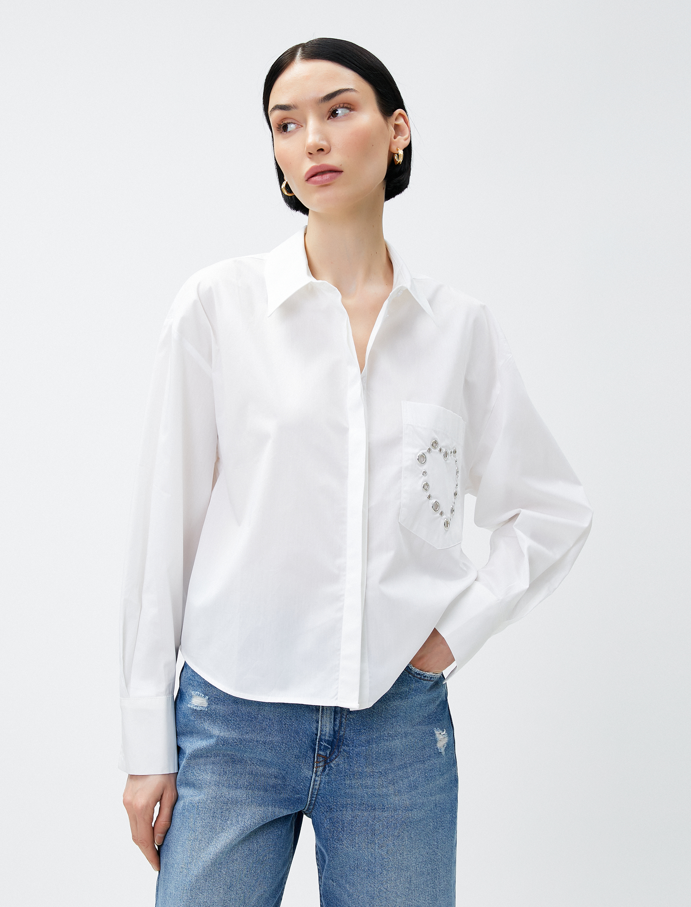   Crop Gömlek Zımba Detaylı Cepli Pamuklu