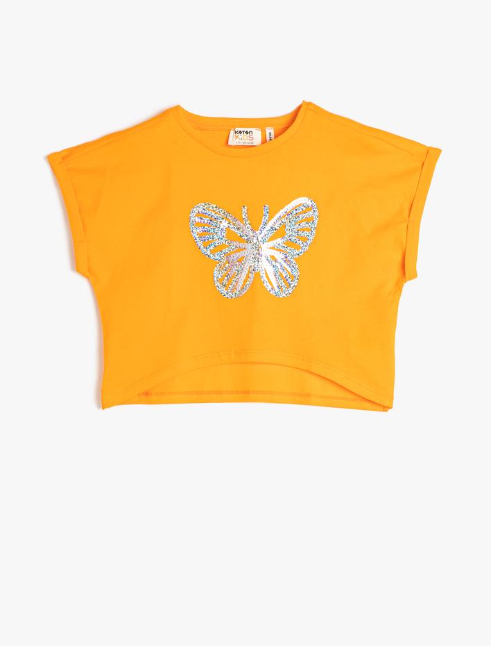 Kız Çocuk Crop Tişört Oversize Kısa Kollu Pul Payet İşlemeli Pamuklu