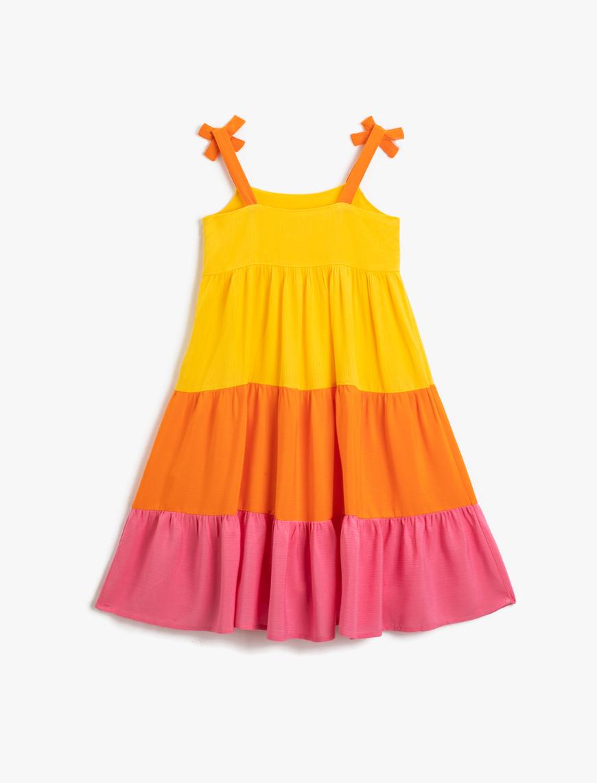  Kız Çocuk Elbise Midi Askılı Fiyonk Detaylı Katlı Renk Geçişli