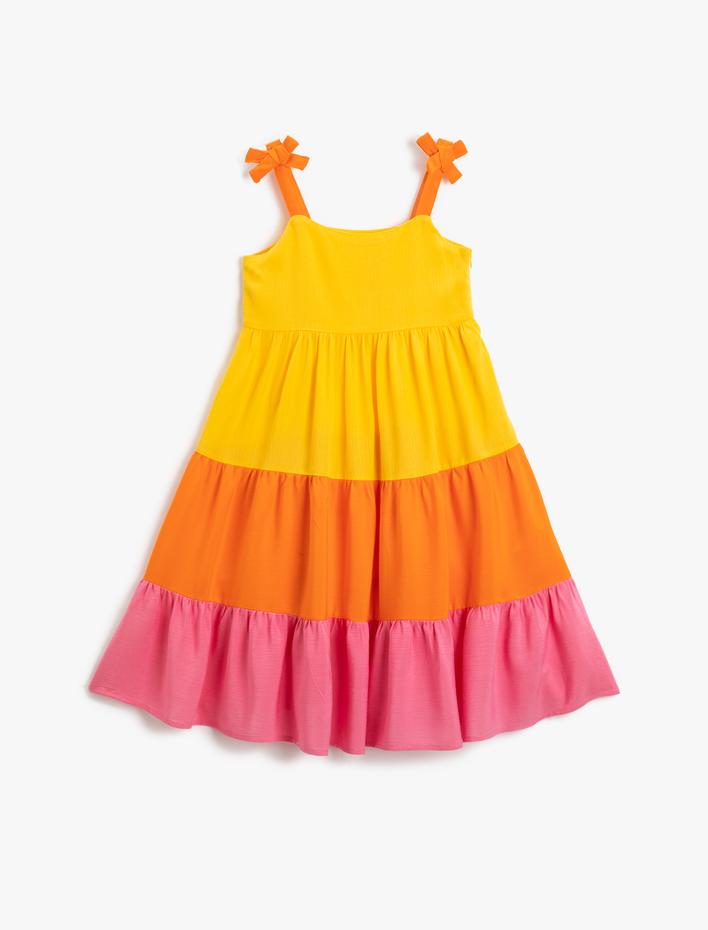 Kız Çocuk Elbise Midi Askılı Fiyonk Detaylı Katlı Renk Geçişli