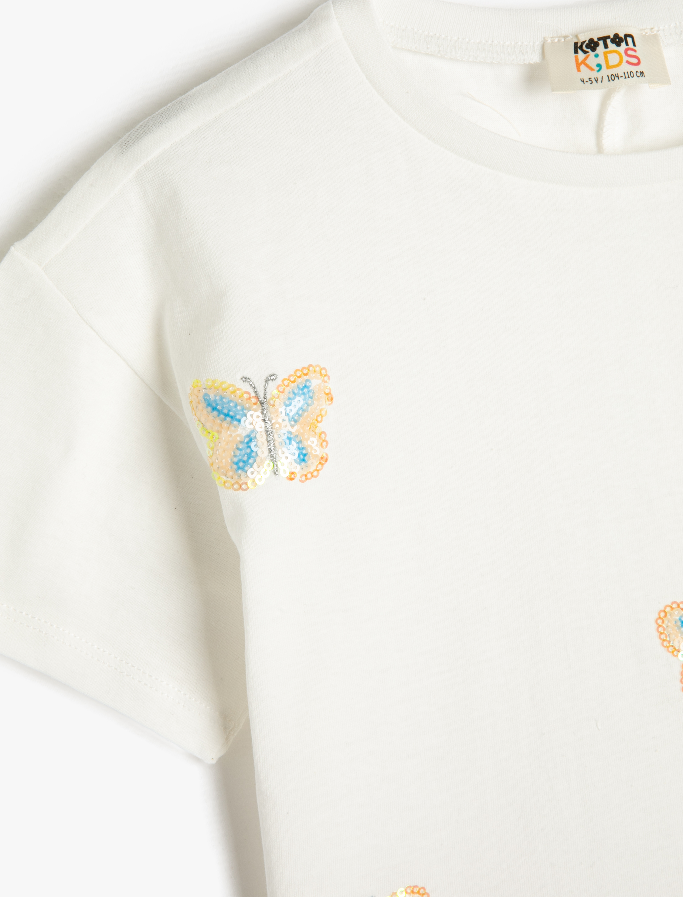  Kız Çocuk Tişört Kısa Kollu Bisiklet Yaka Kelebek Pul Payet İşlemeli Pamuklu