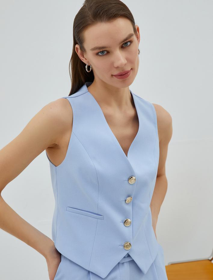  Crop Blazer Yelek Düğmeli Kemer Detaylı