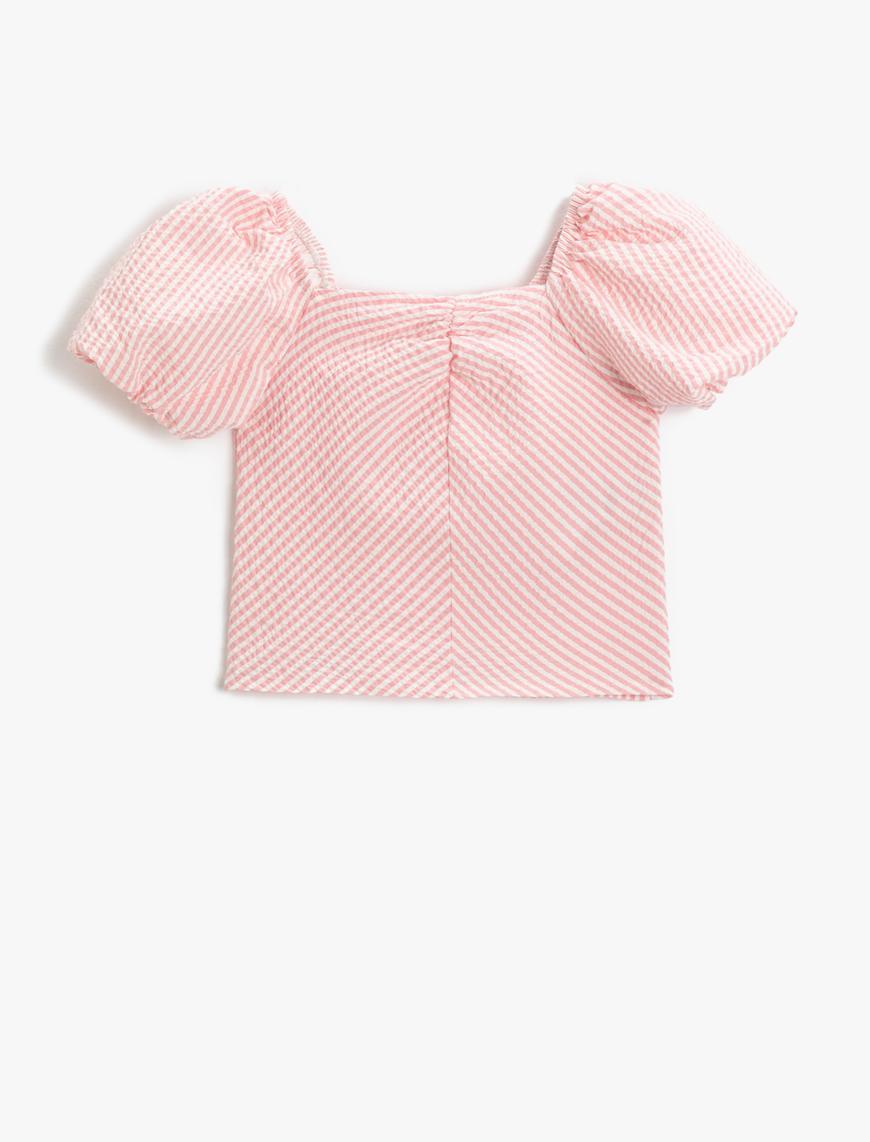  Kız Çocuk Crop Bluz Kısa Balon Kollu Kare Yaka Astarlı