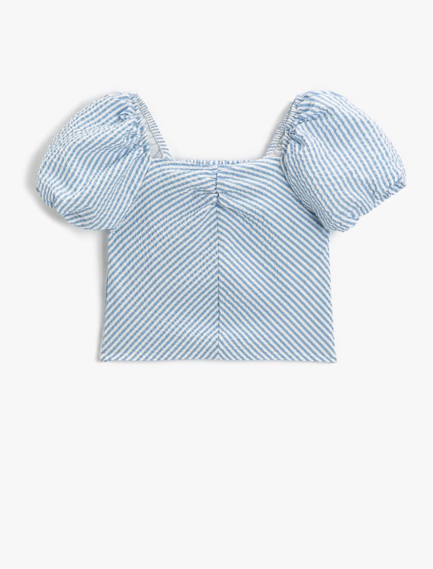  Kız Çocuk Crop Bluz Kısa Balon Kollu Kare Yaka Astarlı