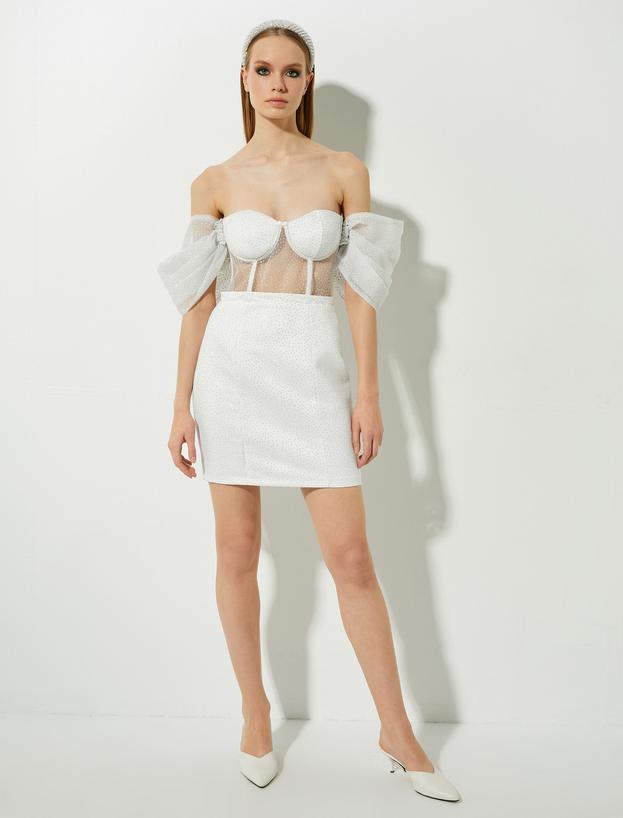   Bridal Mini Elbise Omzu Açık Transparan Detaylı