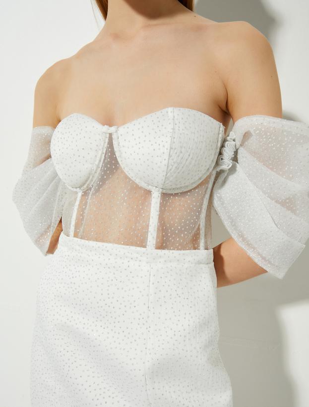   Bridal Mini Elbise Omzu Açık Transparan Detaylı
