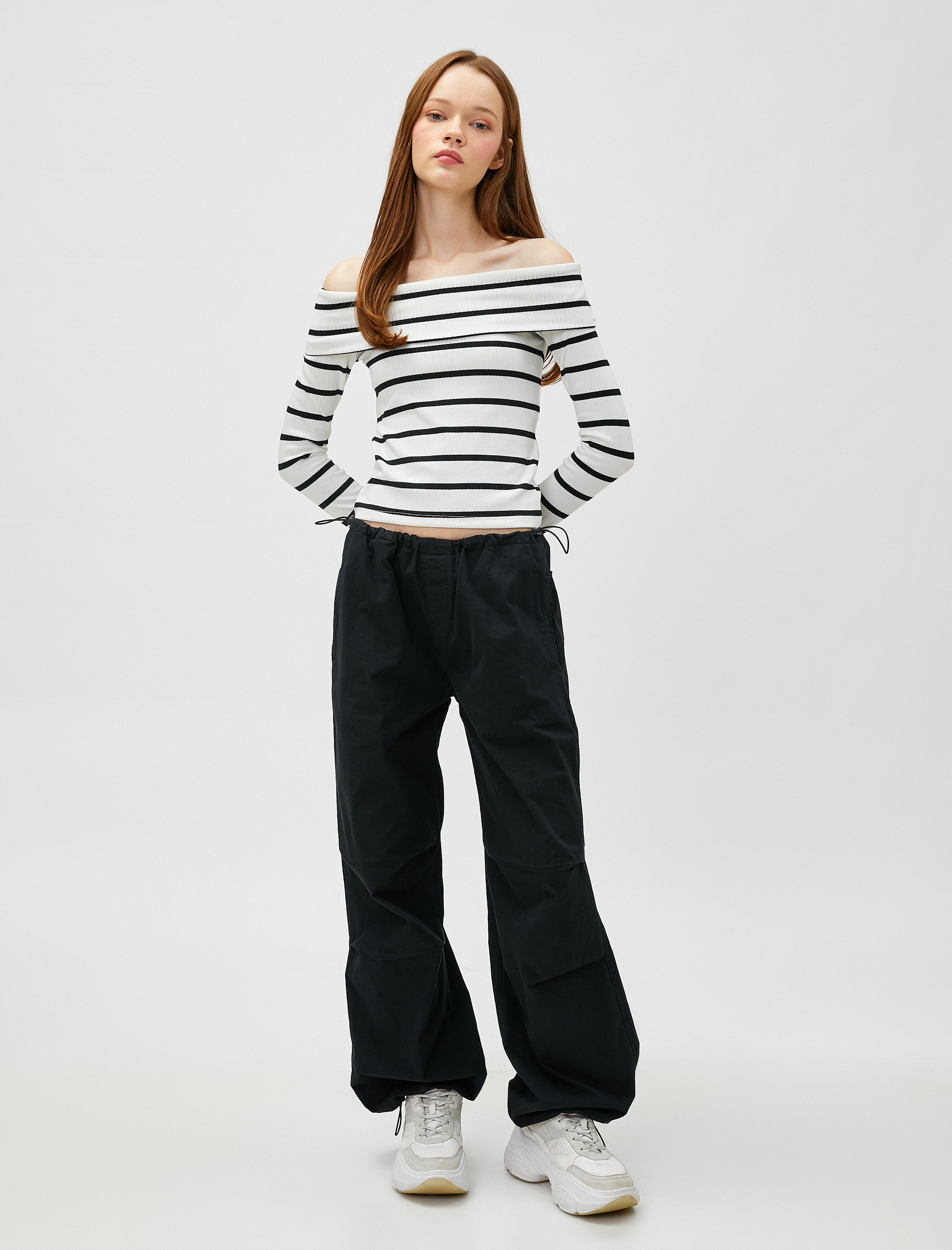   Uzun Kollu Tişört Kayık Yaka Viskon Karışımlı