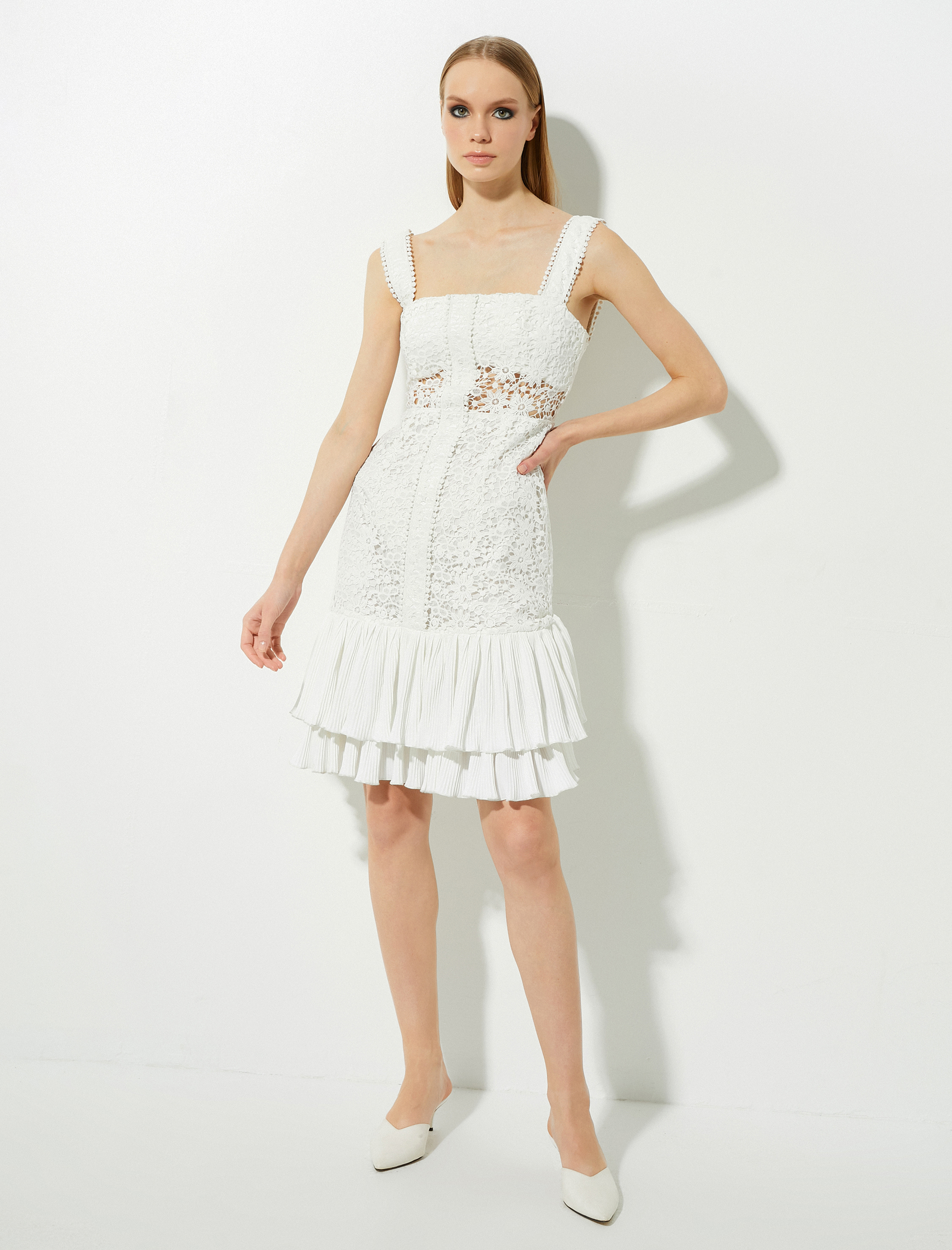 Koton Dantelli Bridal Elbise Askılı Kare Yaka Katlı. 3