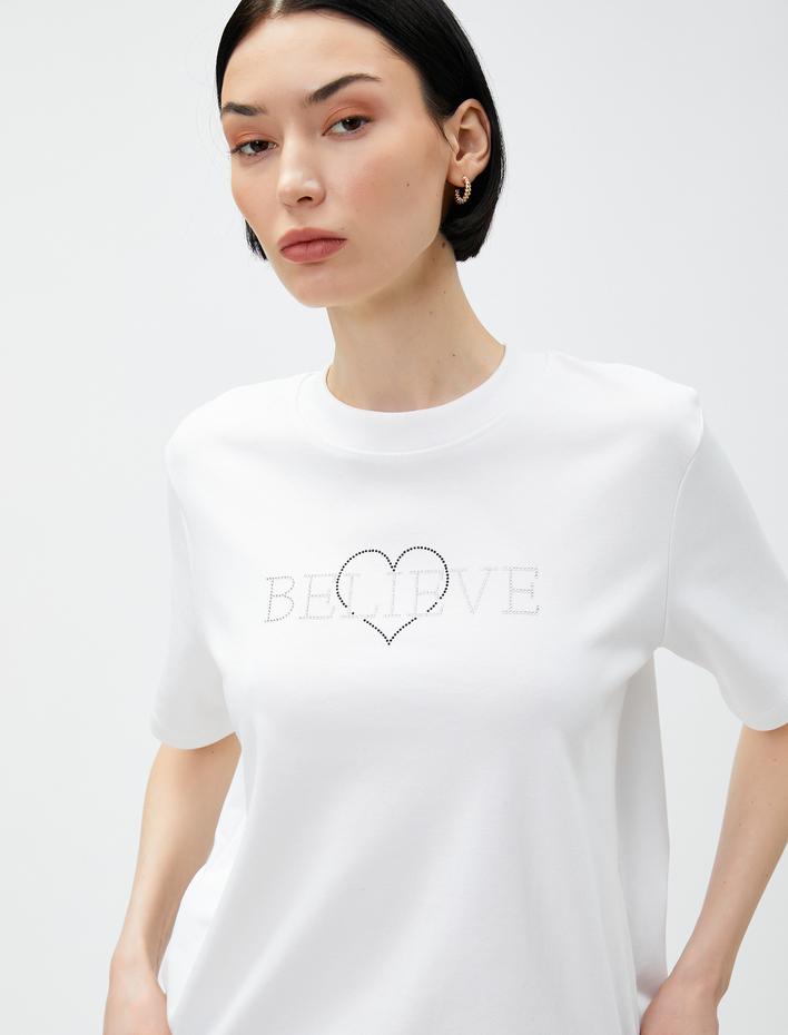  Taş Baskılı Tişört Bisiklet Yaka Pamuklu