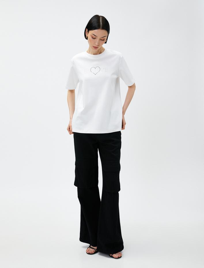  Taş Baskılı Tişört Bisiklet Yaka Pamuklu