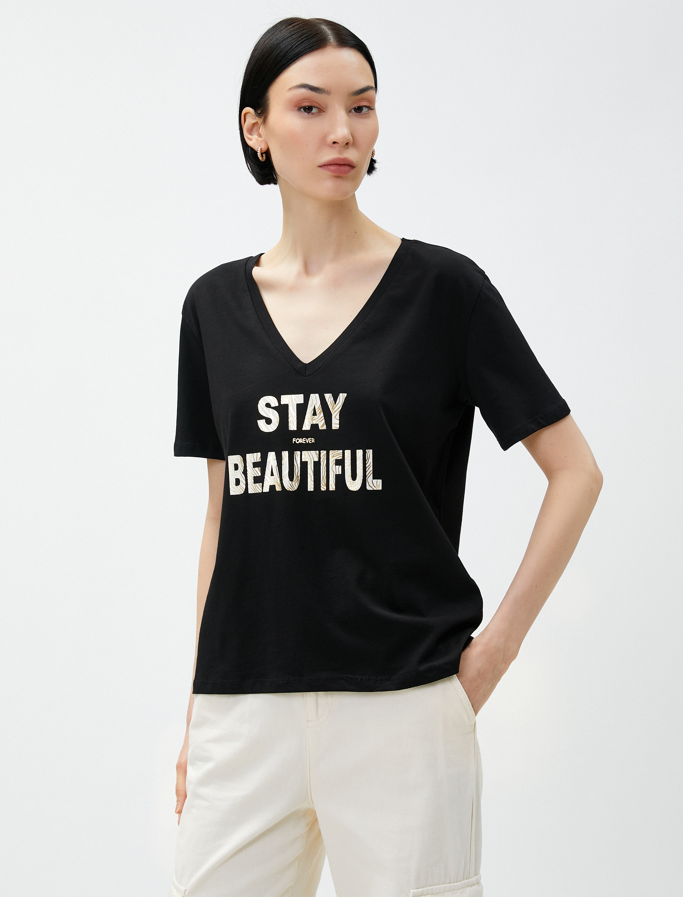   Yazı Baskılı Tişört V Yaka Pamuklu