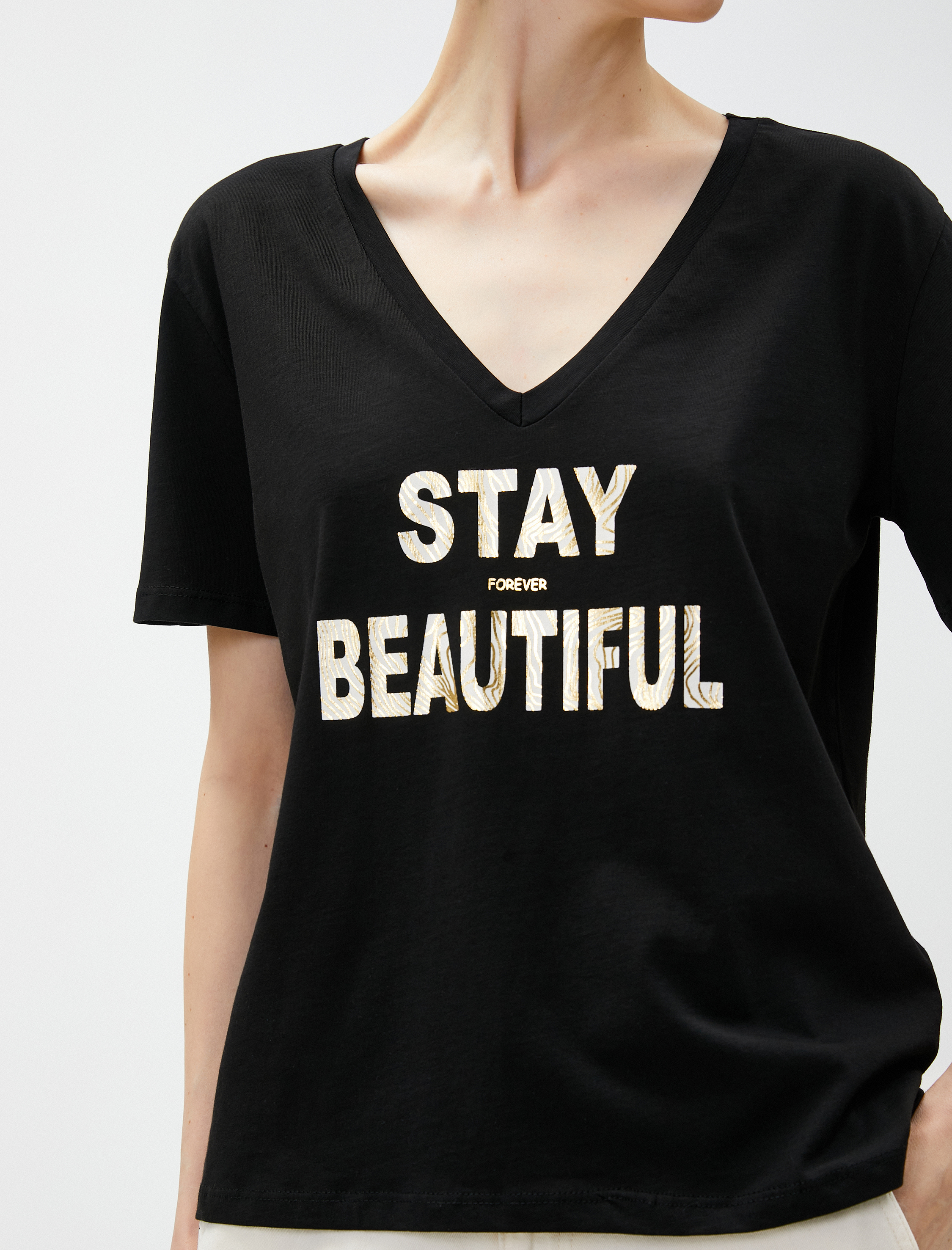   Yazı Baskılı Tişört V Yaka Pamuklu