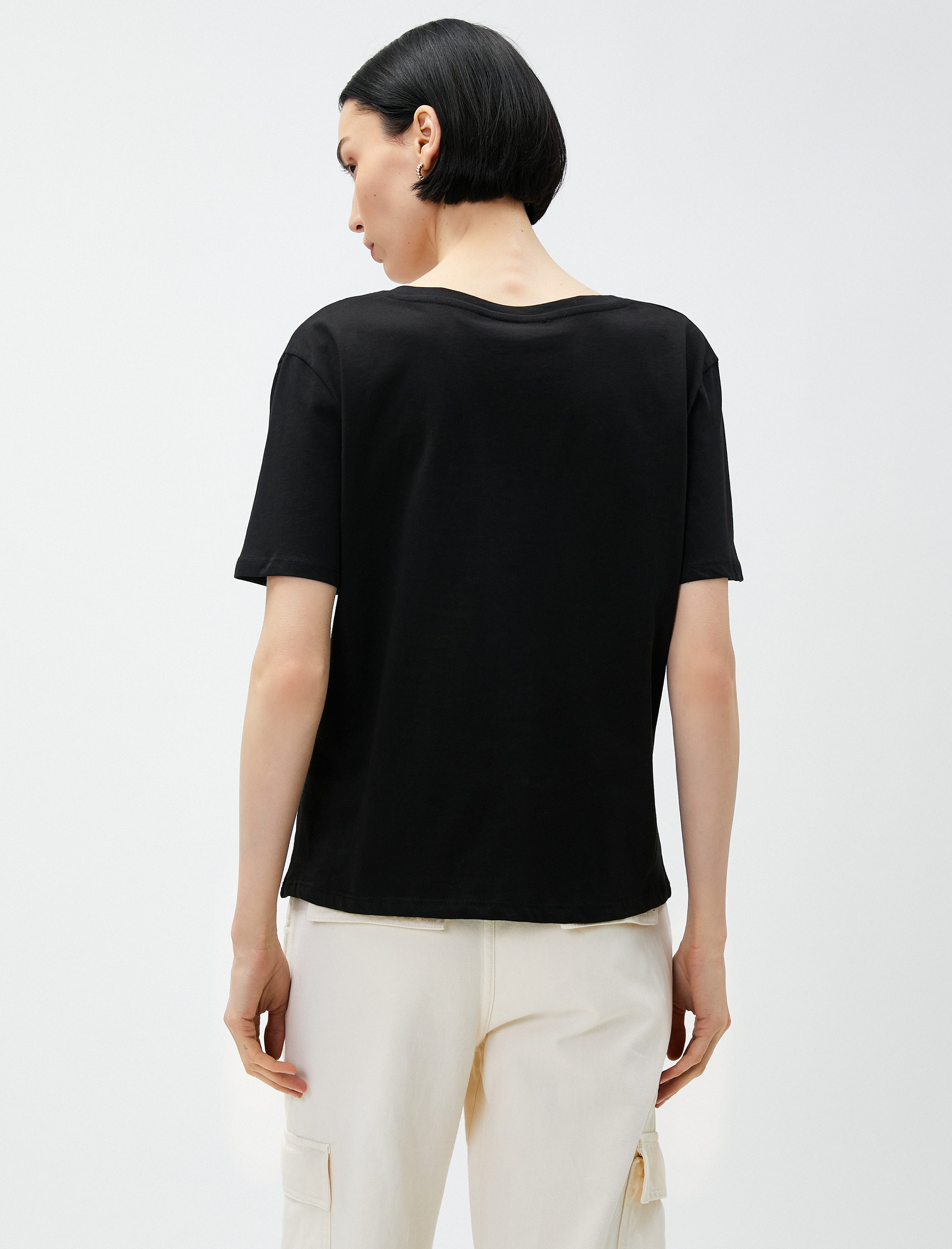   Yazı Baskılı Tişört V Yaka Pamuklu