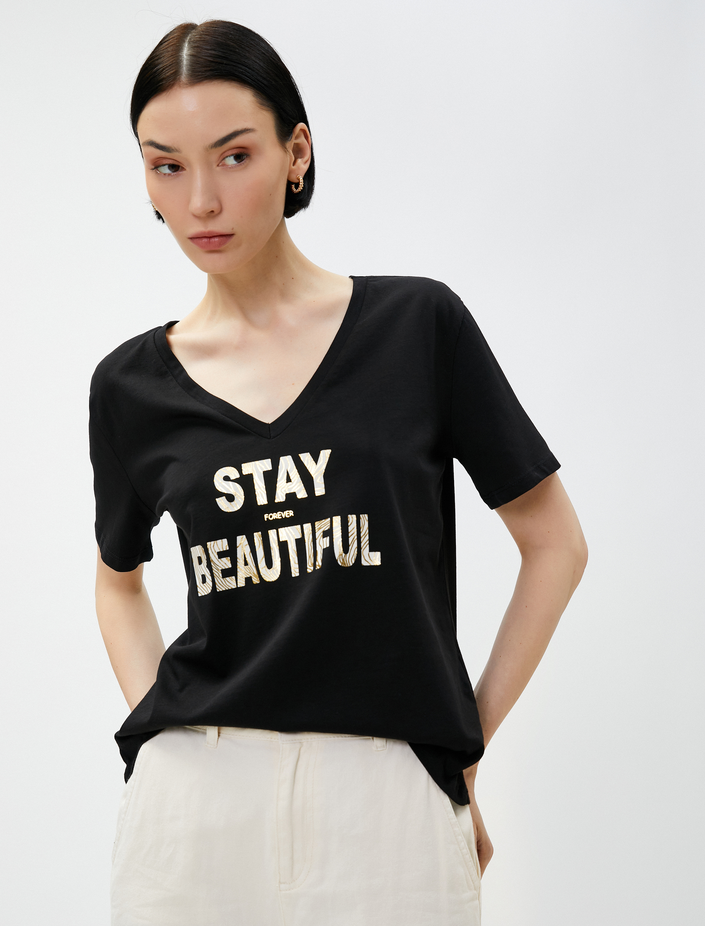   Yazı Baskılı Tişört V Yaka Pamuklu