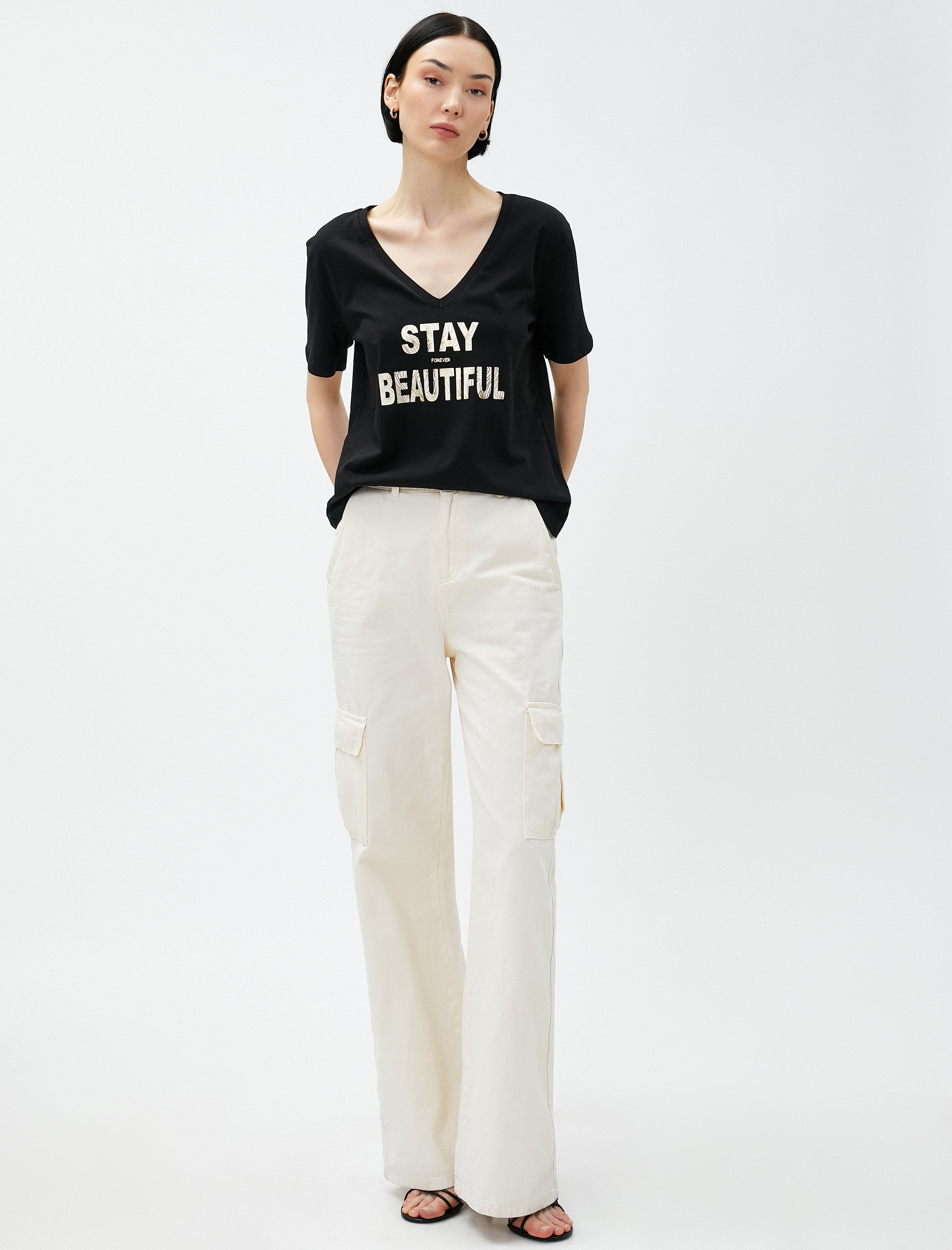   Yazı Baskılı Tişört V Yaka Pamuklu