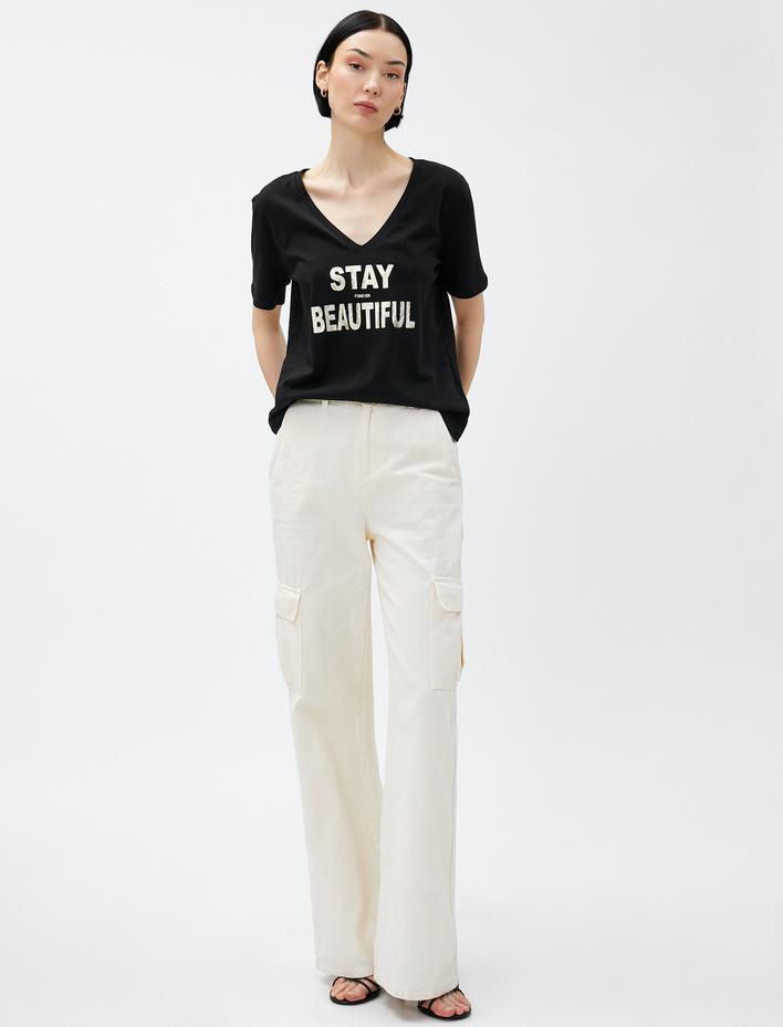  Yazı Baskılı Tişört V Yaka Pamuklu