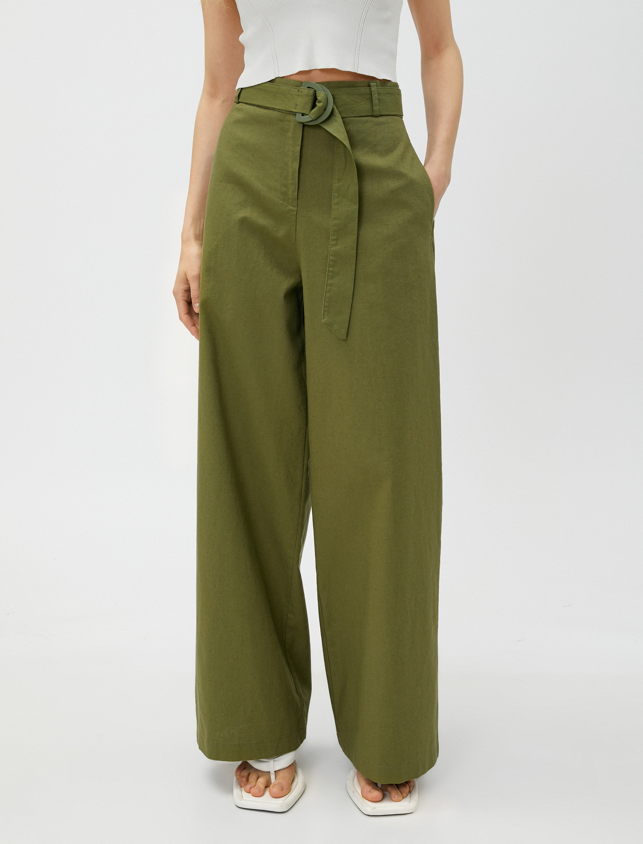   Keten Karışımlı Pantolon Bol Paça Kemerli