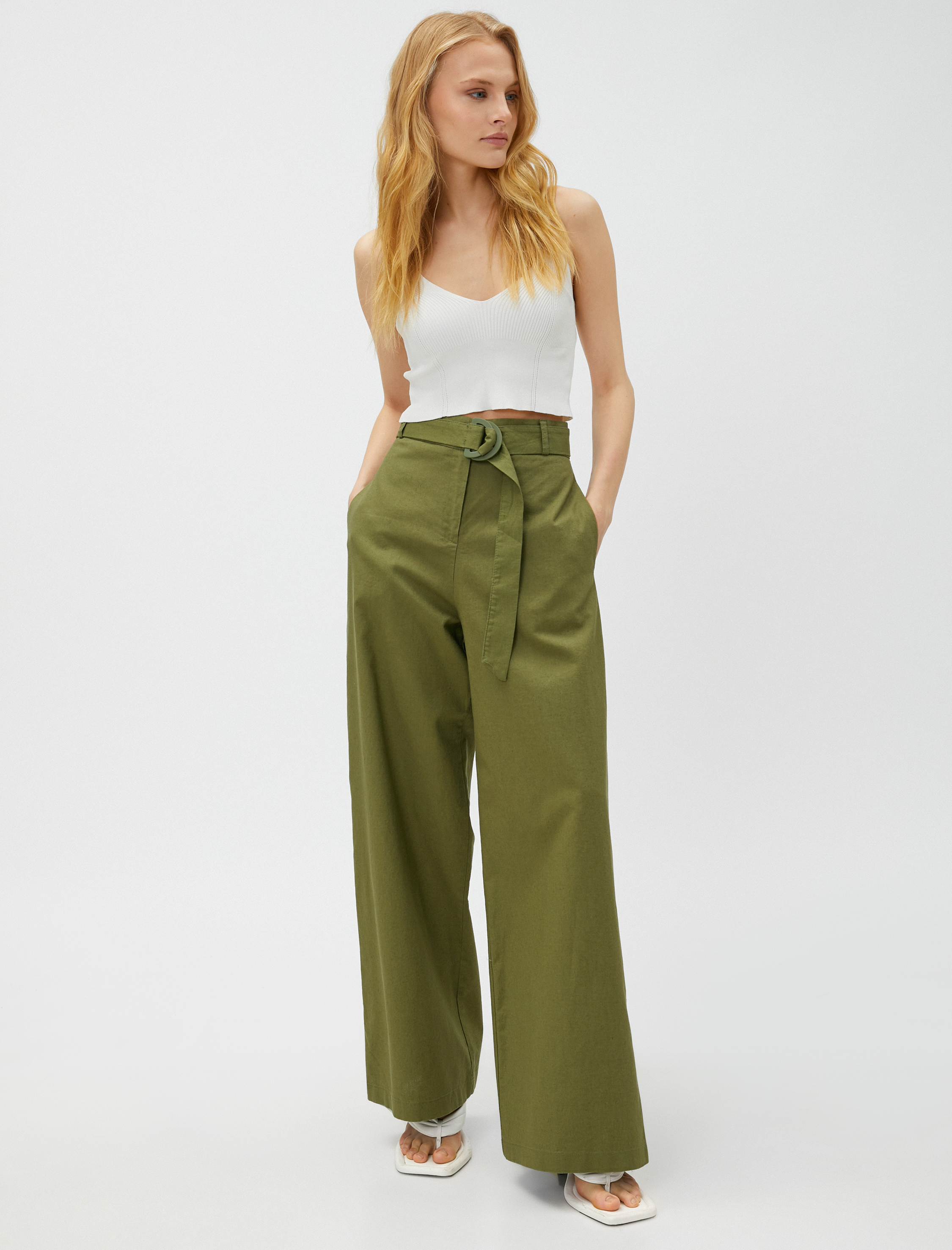   Keten Karışımlı Pantolon Bol Paça Kemerli