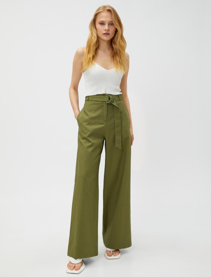  Keten Karışımlı Pantolon Bol Paça Kemerli