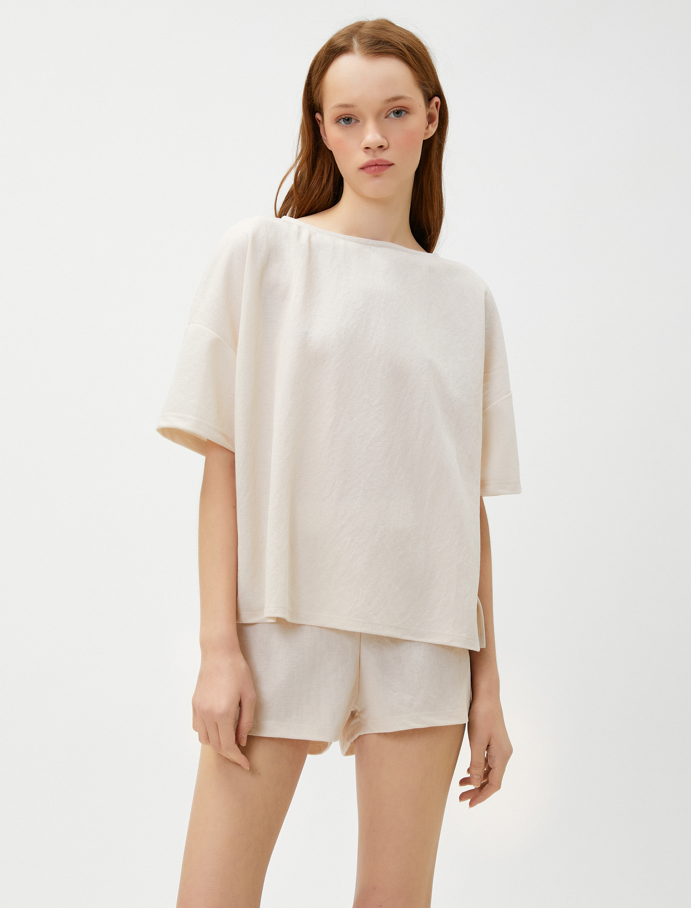   Pijama Üstü Kısa Kollu Viskoz Karışımlı Bisiklet Yaka