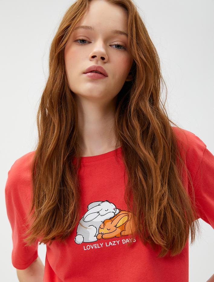  Baskılı Tişört Kısa Kollu Bisiklet Yaka Pamuklu