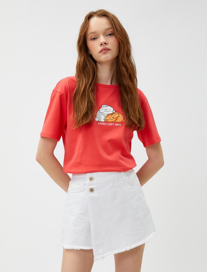  Baskılı Tişört Kısa Kollu Bisiklet Yaka Pamuklu