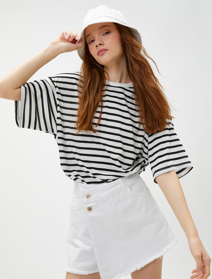  Kısa Kollu Tişört Bisiklet Yaka Viskon Karışımlı